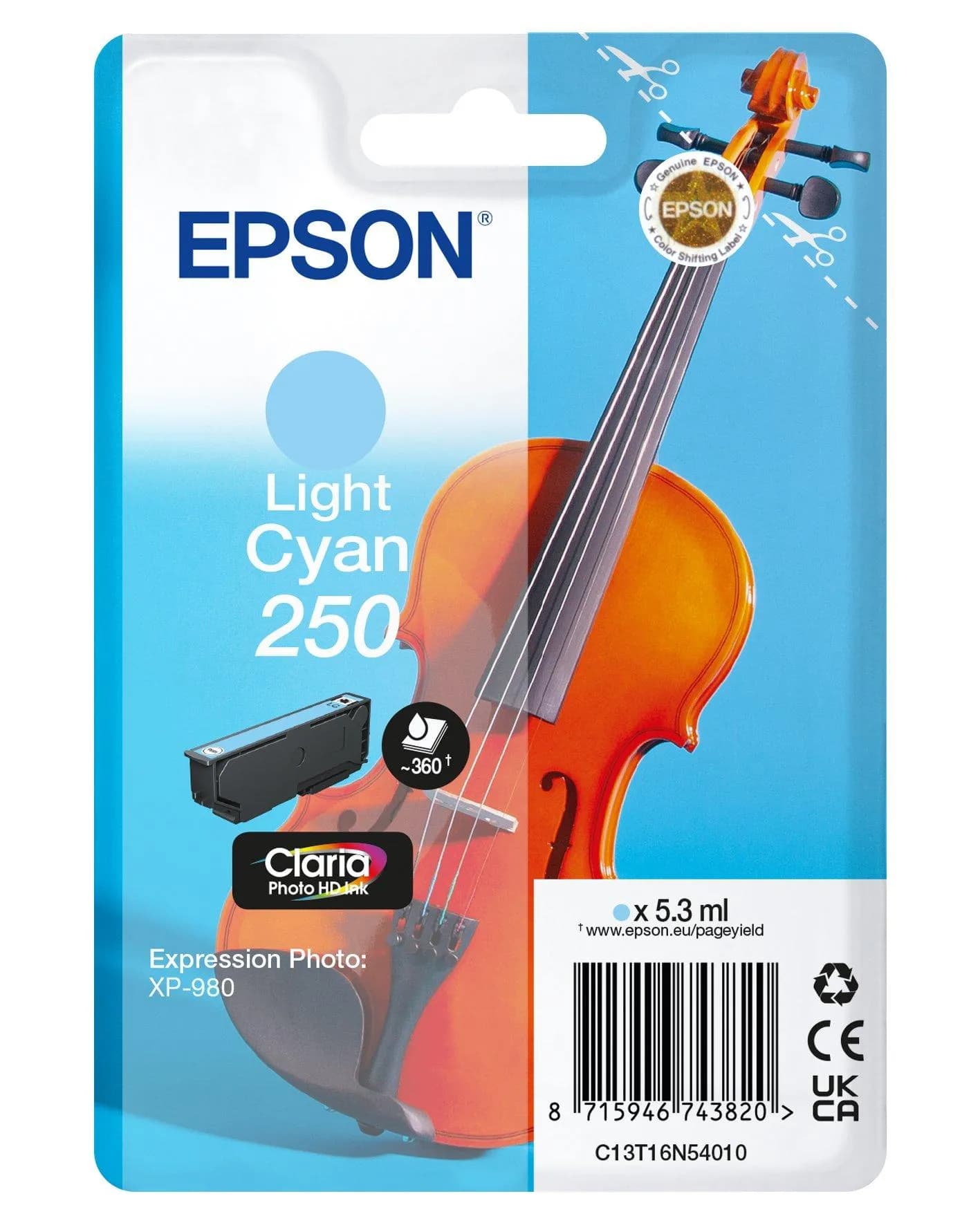 Epson 250 -mustekasetti, 5.3 ml, vaaleansyaani