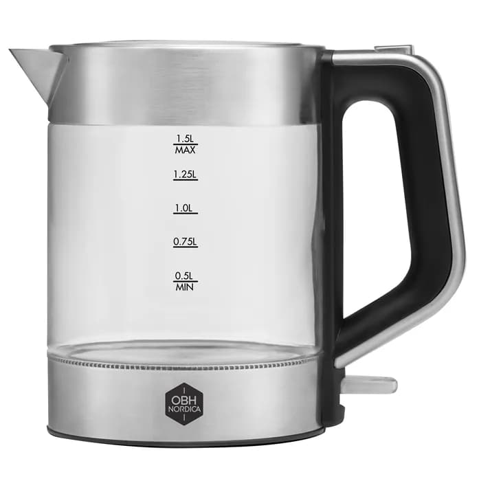 OBH Nordica Venice Glass -vedenkeitin, 1,5 l, 2200 W, ruostumaton teräs ja lasi