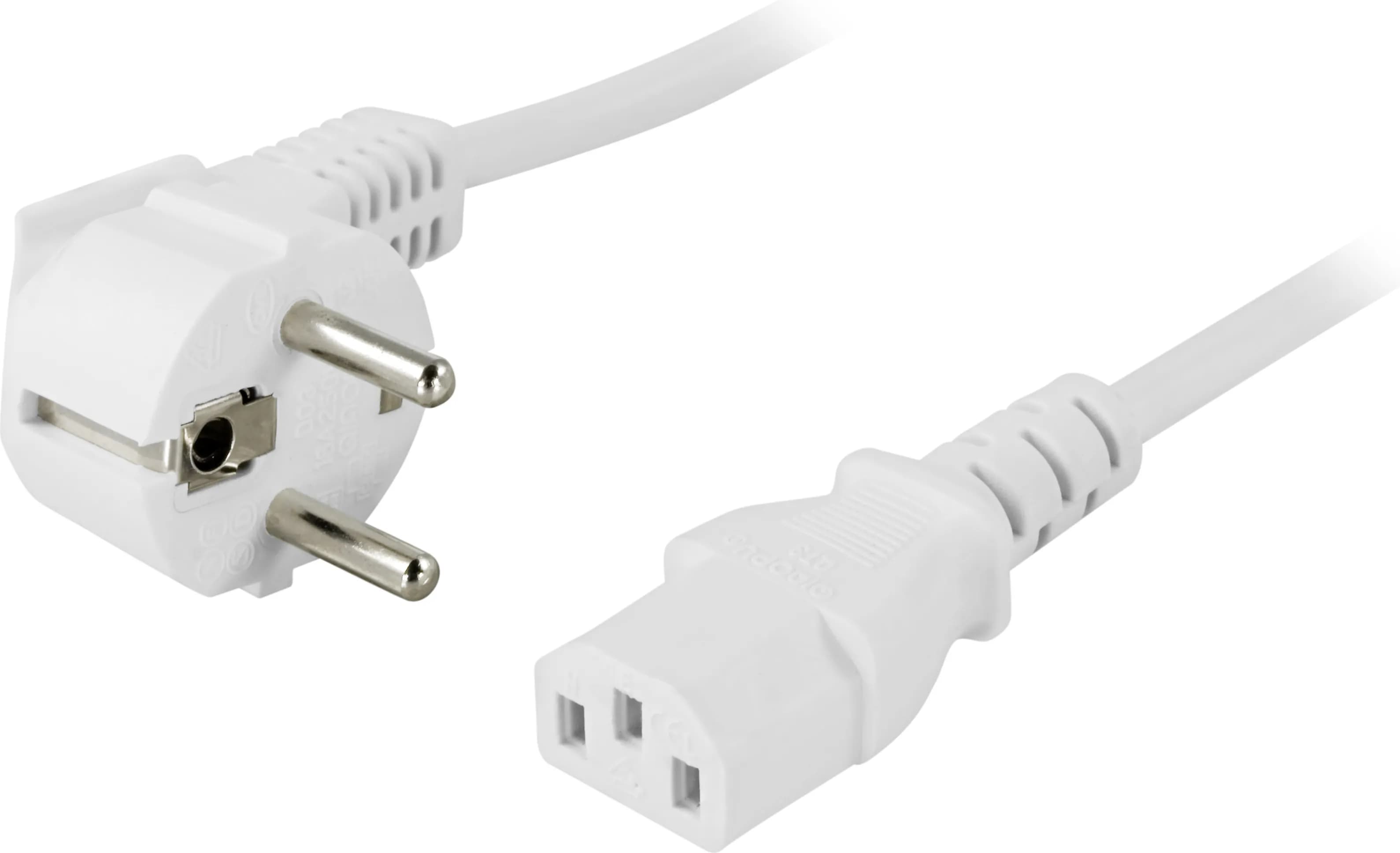 Deltaco Maadoitettu laitekaapeli, kulma CEE 7/7-suora IEC 60320 C13 3m valk