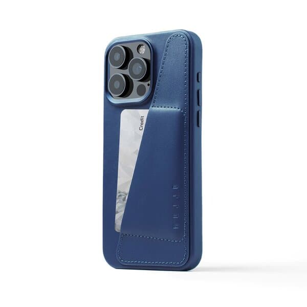 Mujjo Full Leather Wallet, iPhone 15 Pro Max -lompakkokotelo, Sininen
