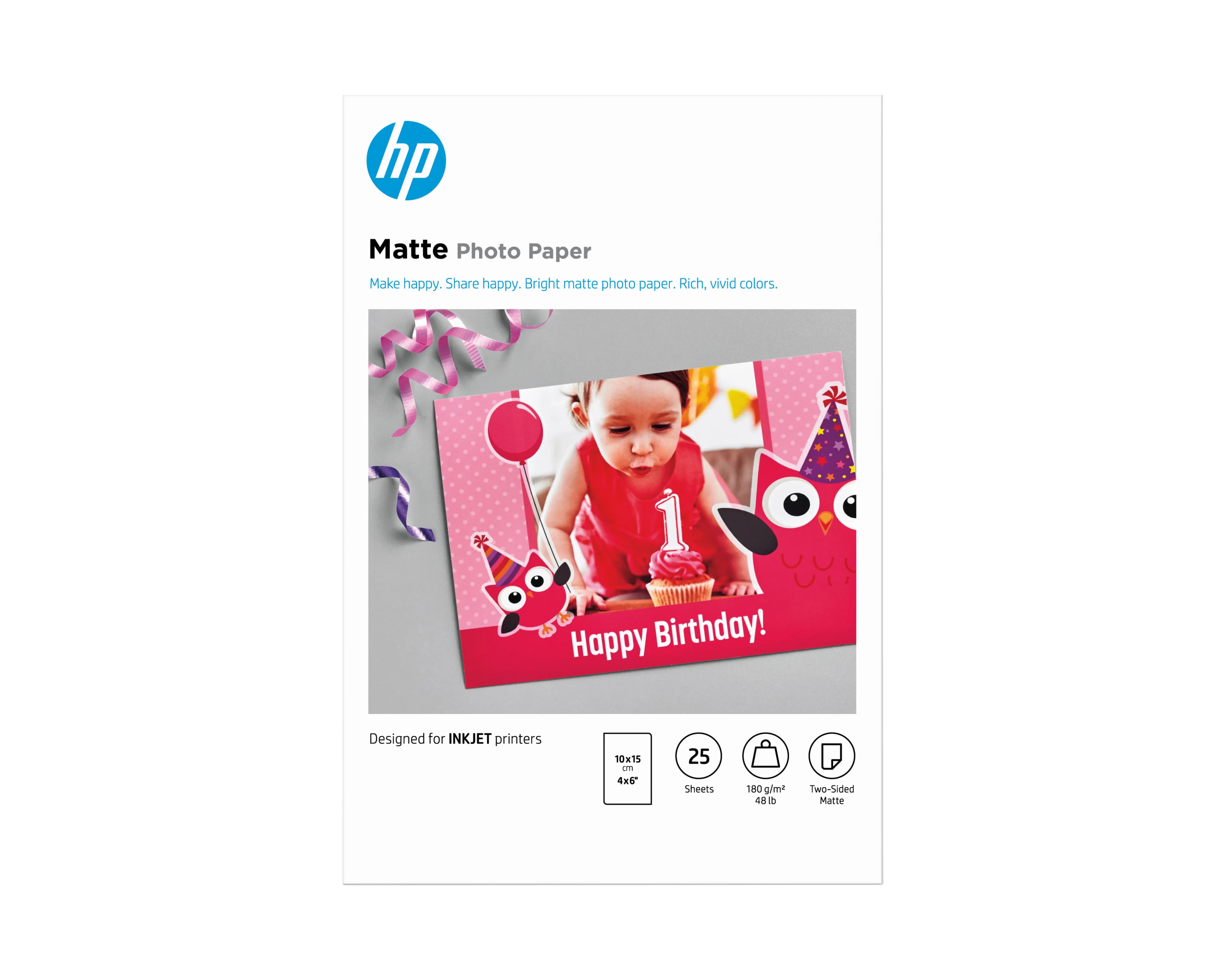 HP Matte FSC 4x6 (100 x 150 mm) -paperikasetti, 180 g/m², valkoinen, 25 kpl