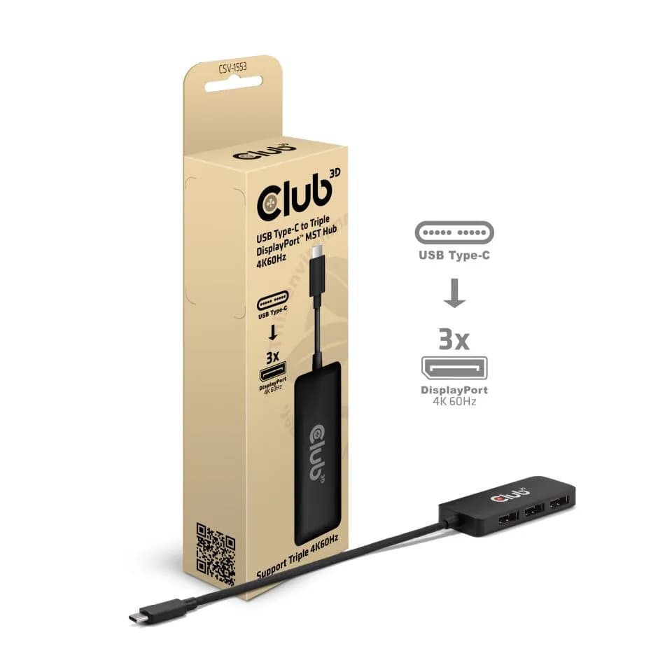 Club 3D USB-C - 3x Displayport 2.1 MST 4K60Hz -sovitin, Musta