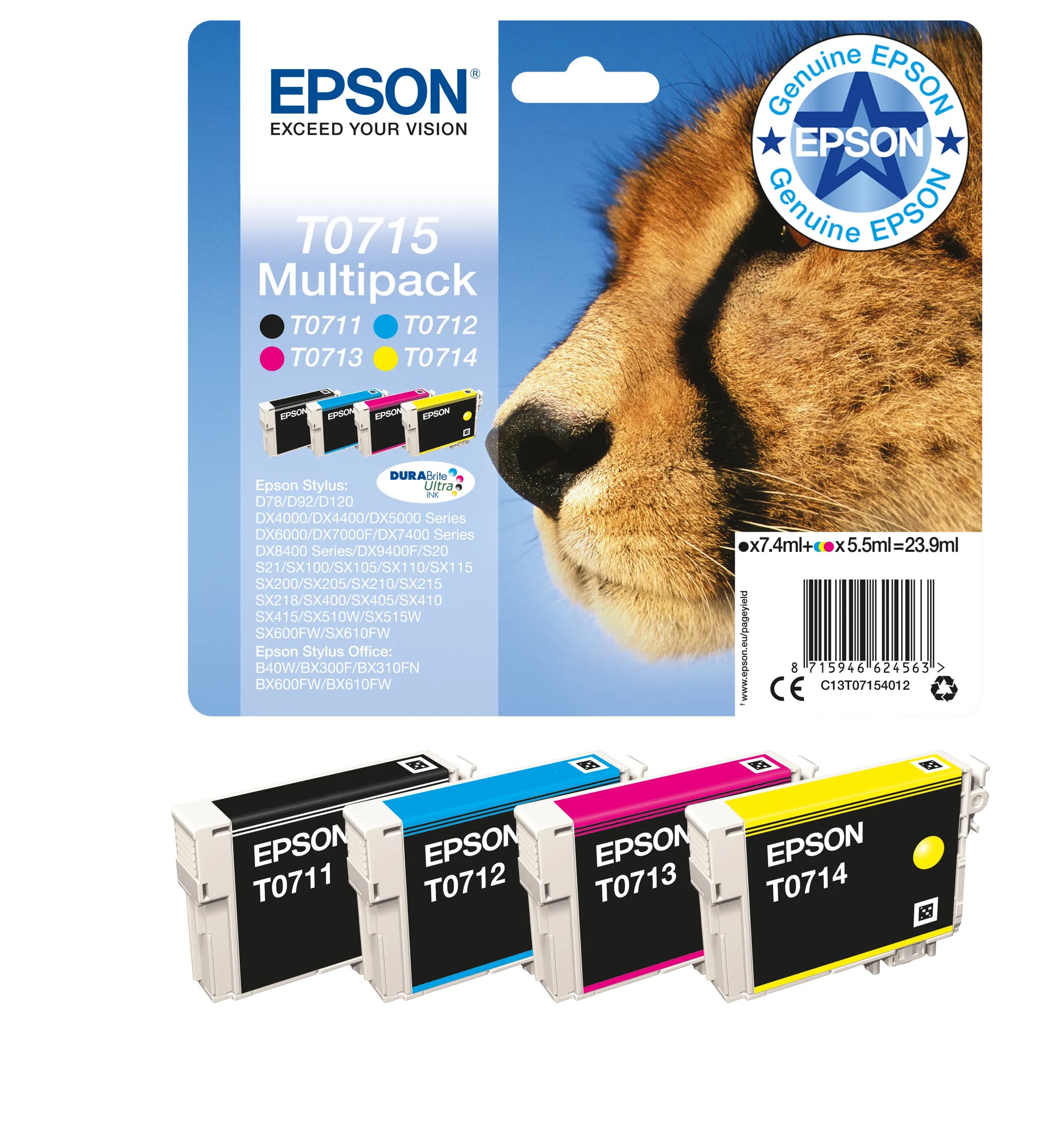 Epson T0715 -mustekasettipakkaus, musta, syaani, magenta, keltainen, 4 kpl