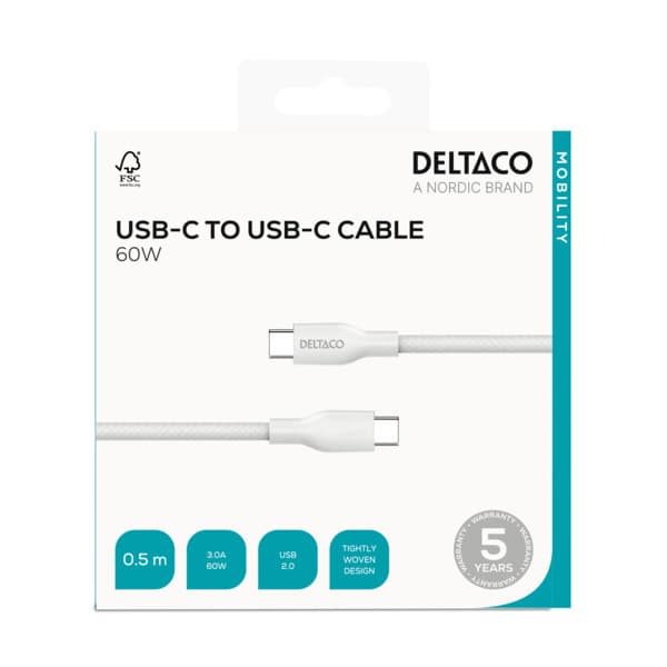 Deltaco USB-C -kaapeli, 60 W, 0,5 m, valkoinen