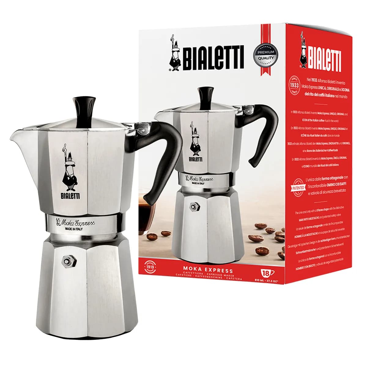 Bialetti Moka Express -mutteripannu, 18 kuppia, alumiini, alumiini ja musta