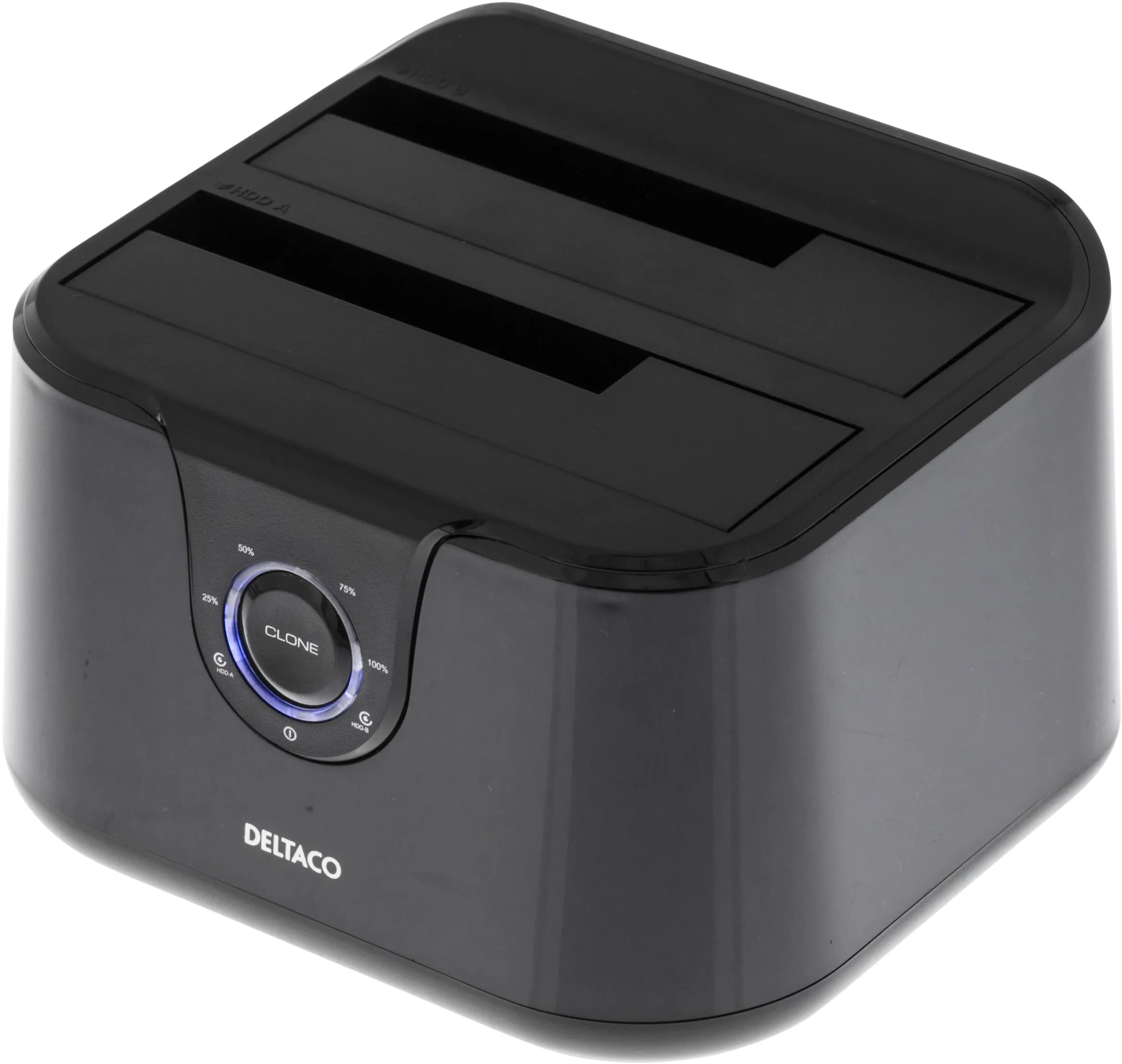 DELTACO MAP-GD35U3 kaksipaikkainen HDD/SSD-telakka, 2,5"" / 3,5"", USB 3.2 Gen 1, offline-kloonaus, musta