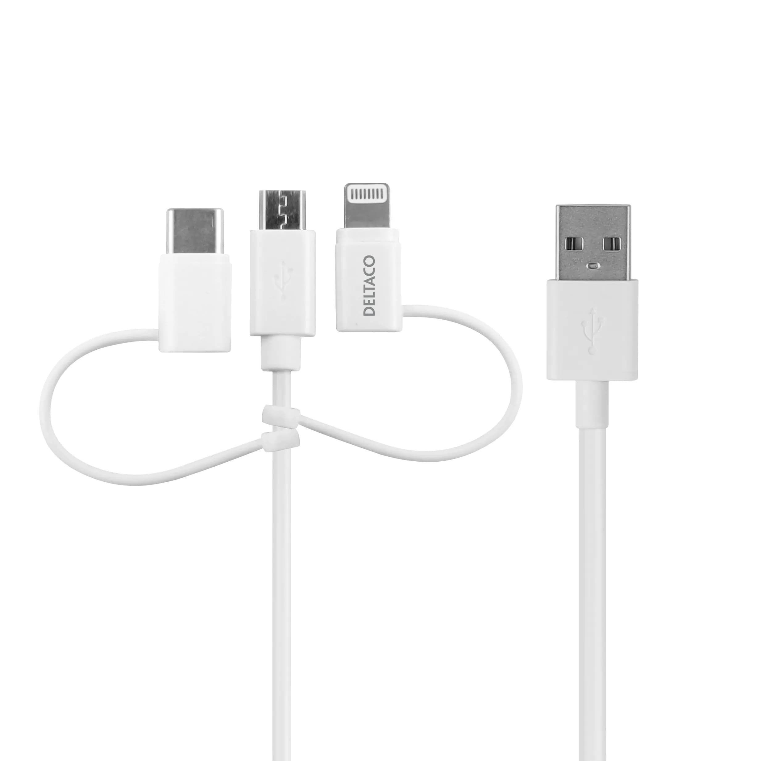 Deltaco USB-A – 3-in-1 (Micro USB, USB-C, Lightning) -kaapeli, 1 m, valkoinen