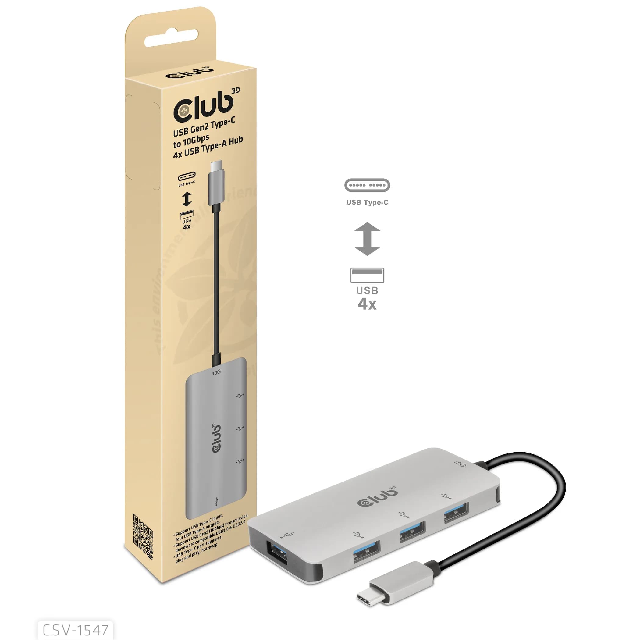 Club 3D 3.1 Gen2 USB-C - 10Gbps 4x USB-A -hubi, Harmaa