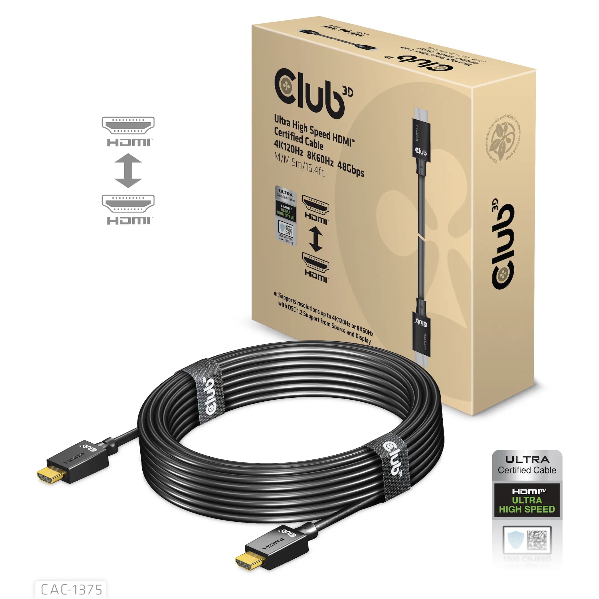 Club 3D HDMI 2.1 Ultra High Speed -kaapeli, jossa 8K, 5 m, musta