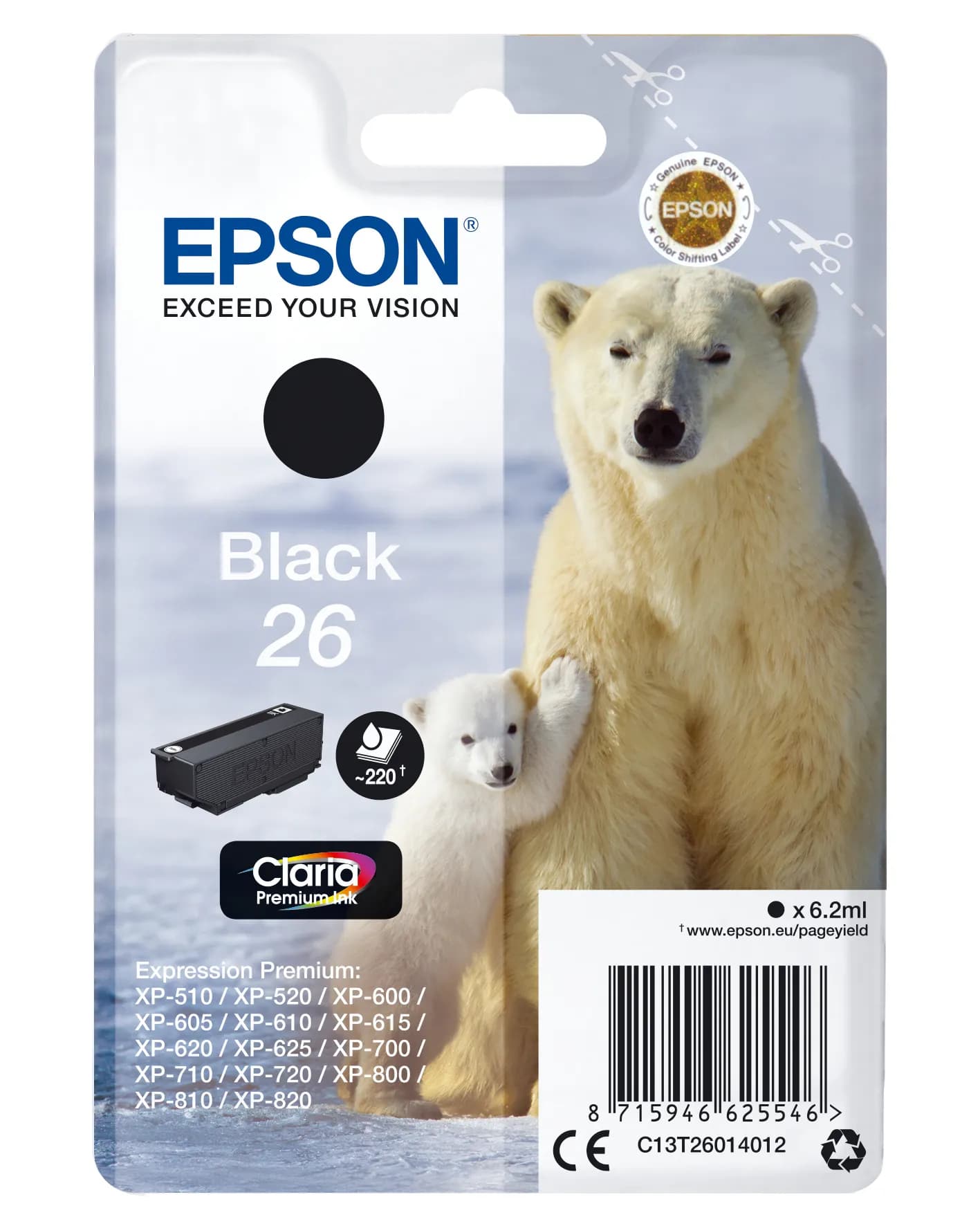 Epson 26-mustekasetti, 6.2 ml, musta