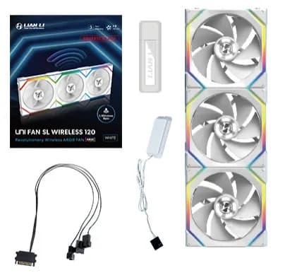 Lian Li UNI FAN SL Wireless 120 Reverse Blade, 120 mm, PWM, nestelaakeri, ARGB -tuuletinsarja, 3 kpl, valkoinen