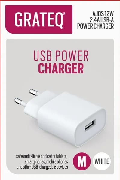 Grateq Ajos USB-A 12W -verkkovirtalaturi, Valkoinen