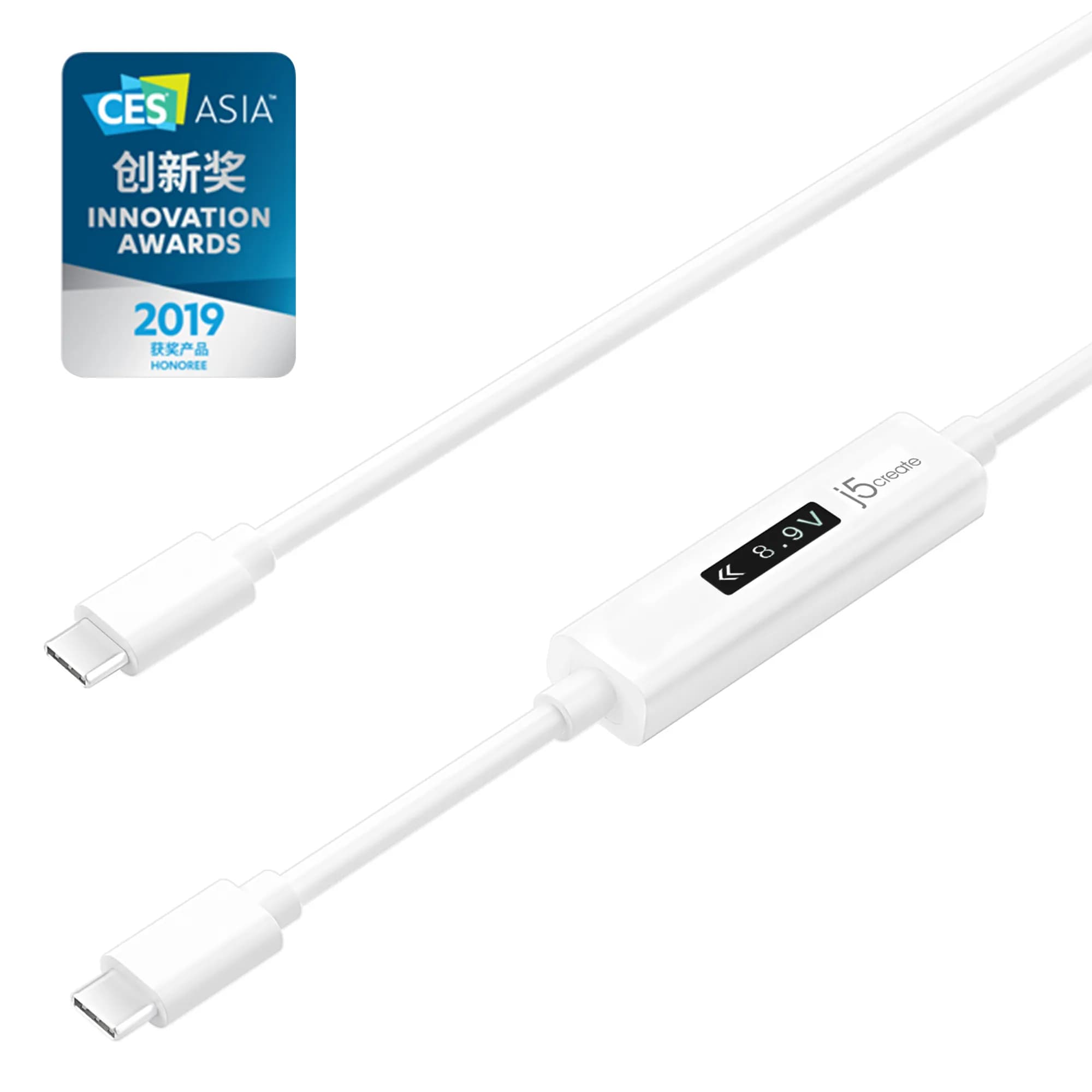 j5create JUCP14-N USB-C -kaapeli OLED-tehomittarilla, 100 W, 1,2 m, valkoinen