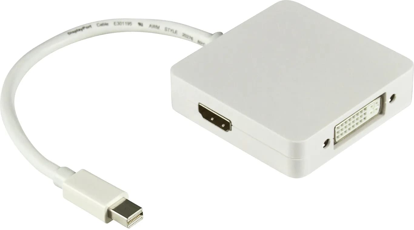 Deltaco mini DisplayPort – DisplayPort + DVI + HDMI -adapteri, Valkoinen