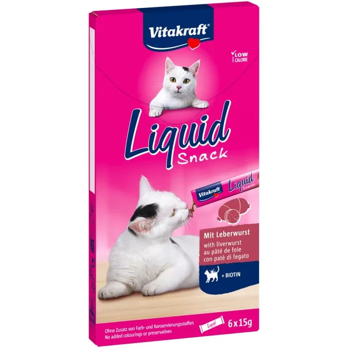 Vitakraft Liquid Snack Liver with Biotin, Kissan märkäruoka, Junior, Iho ja turkki, 6 x 15 g
