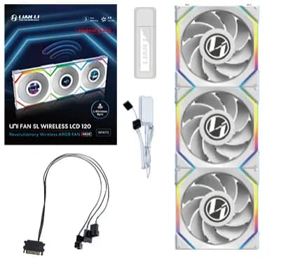 Lian Li UNI FAN SL Wireless LCD Reverse Blade, 120 mm, PWM, nestelaakeri, ARGB -tuuletinsarja, 3 kpl, valkoinen
