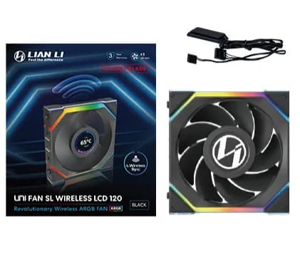 Lian Li UNI FAN SL Wireless LCD Reverse Blade PWM ARGB -tuuletin, nestelaakeri, 120 mm, musta
