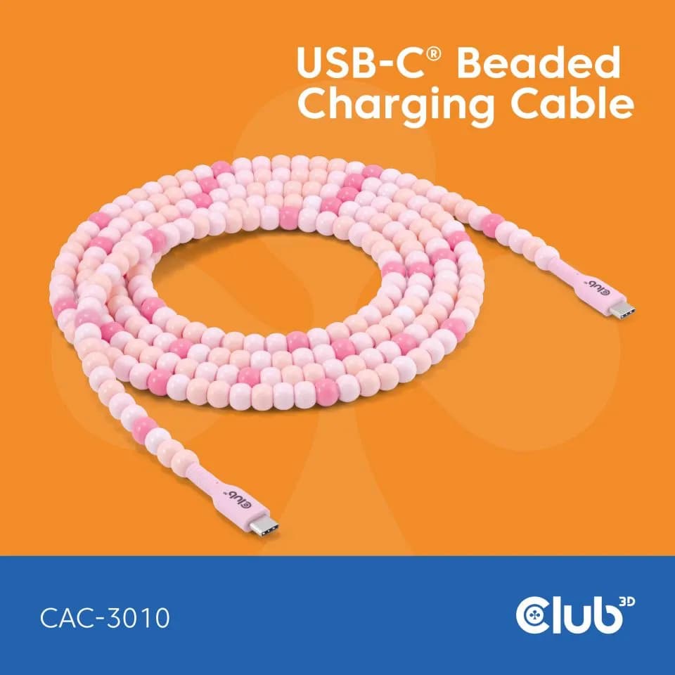 Club 3D CAC-3010 USB-C Beaded -kaapeli, 60 W, 2 m, vaaleanpunainen
