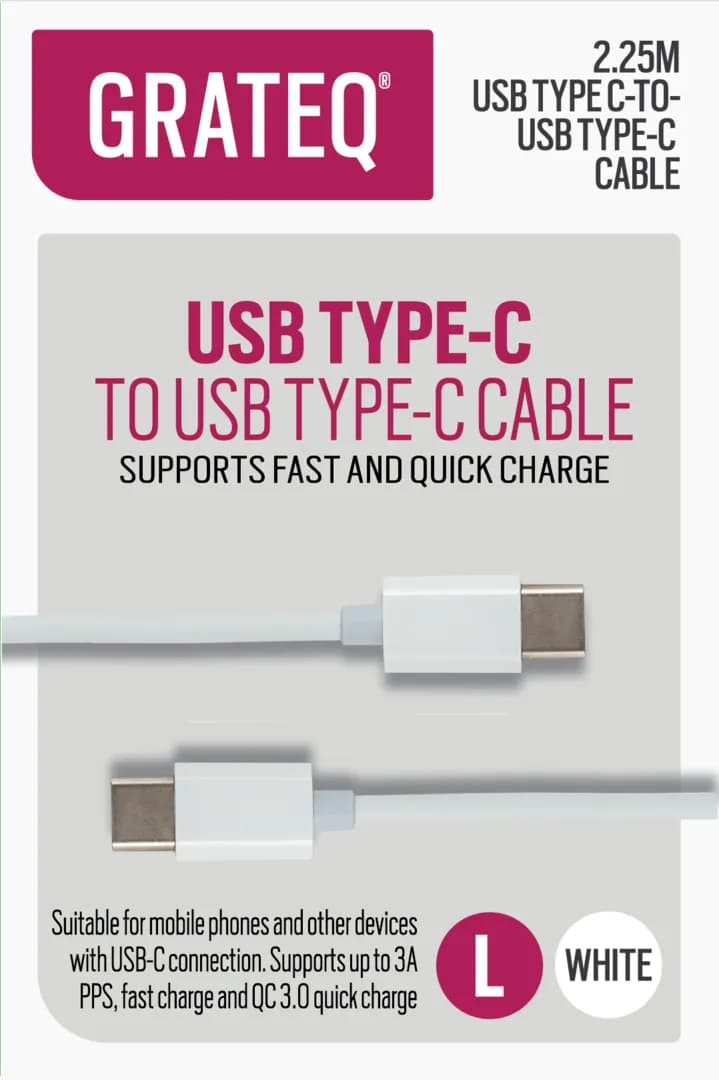 GRATEQ USB-C -kaapeli, 100 W, 2,25 m, valkoinen