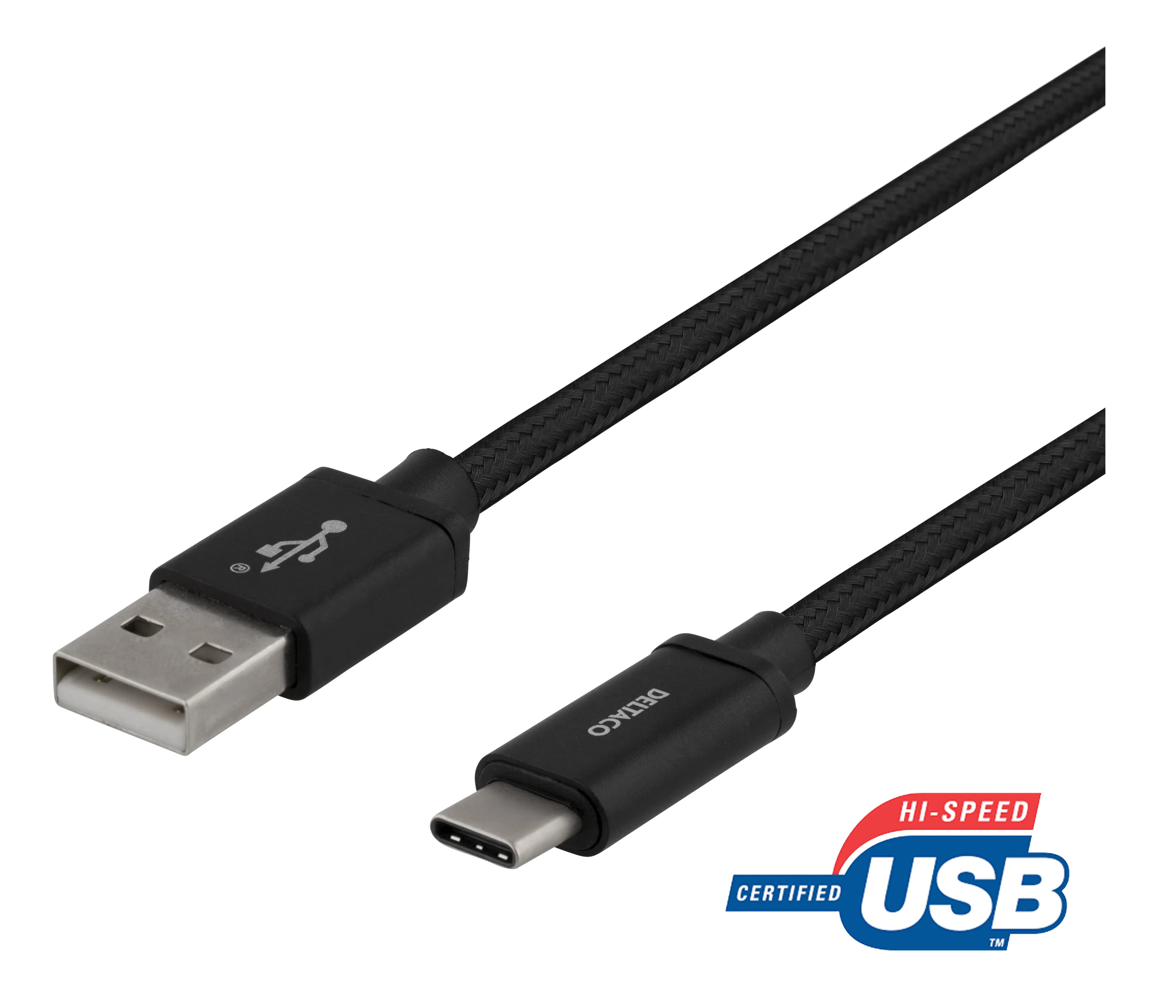 Deltaco USB-A – USB-C -kaapeli, 2 m, musta