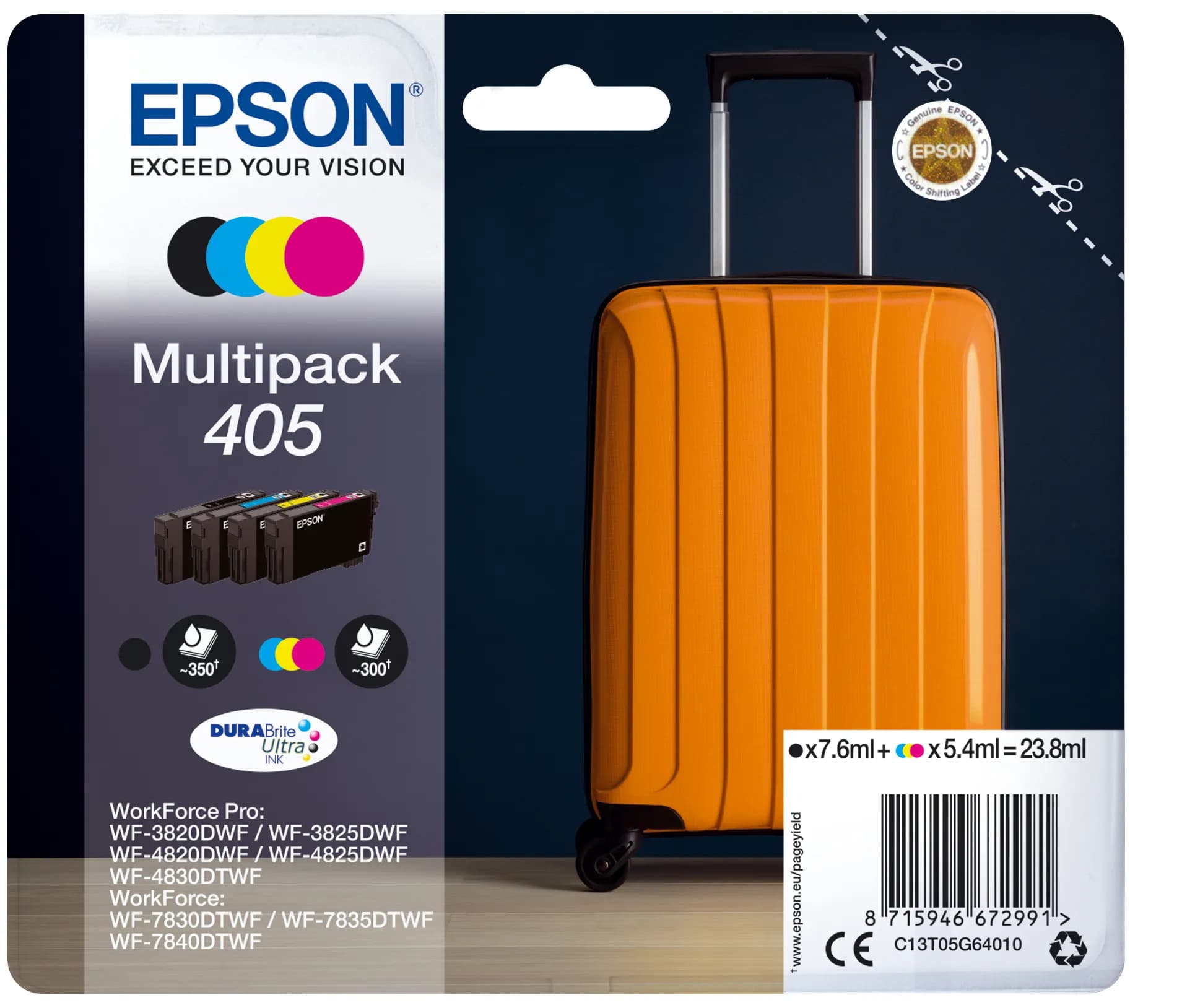 Epson 405 -mustekasettipakkaus, musta, syaani, magenta, keltainen, 4 kpl