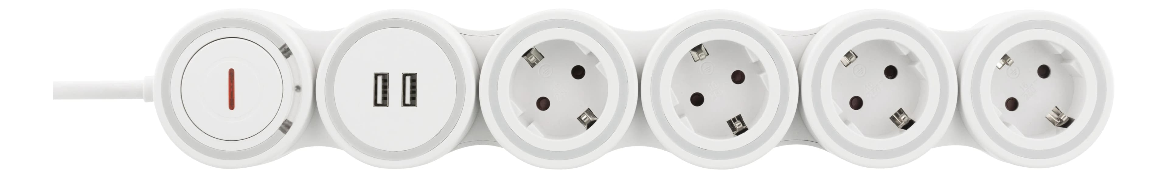 Deltaco Flexibelt jatkojohto, 4-osainen, 1,4m, 16A 3500W, 2x USB-A