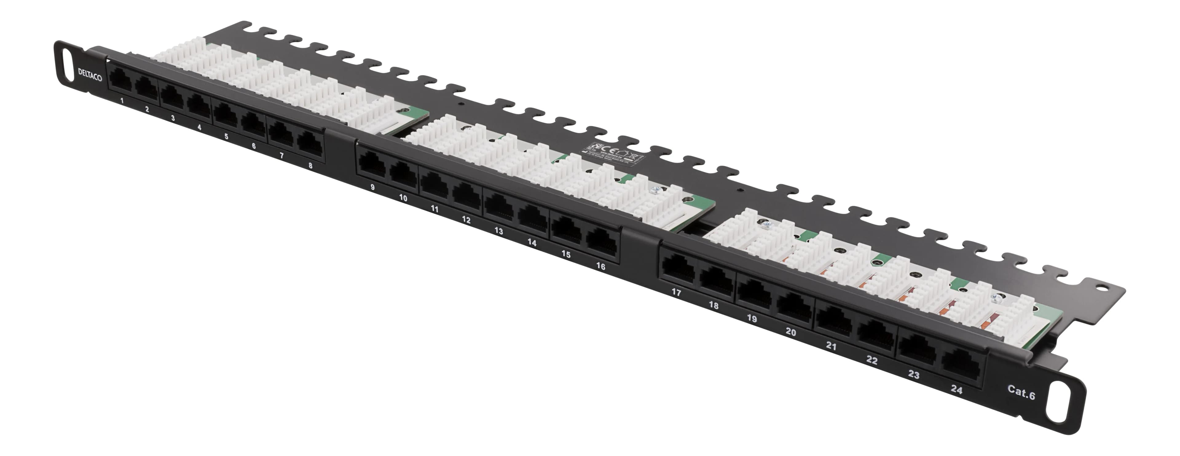 DELTACO UTP Patchpanel 24xRJ45, Cat6, 0,5U, 19"", kabelstöd, svart