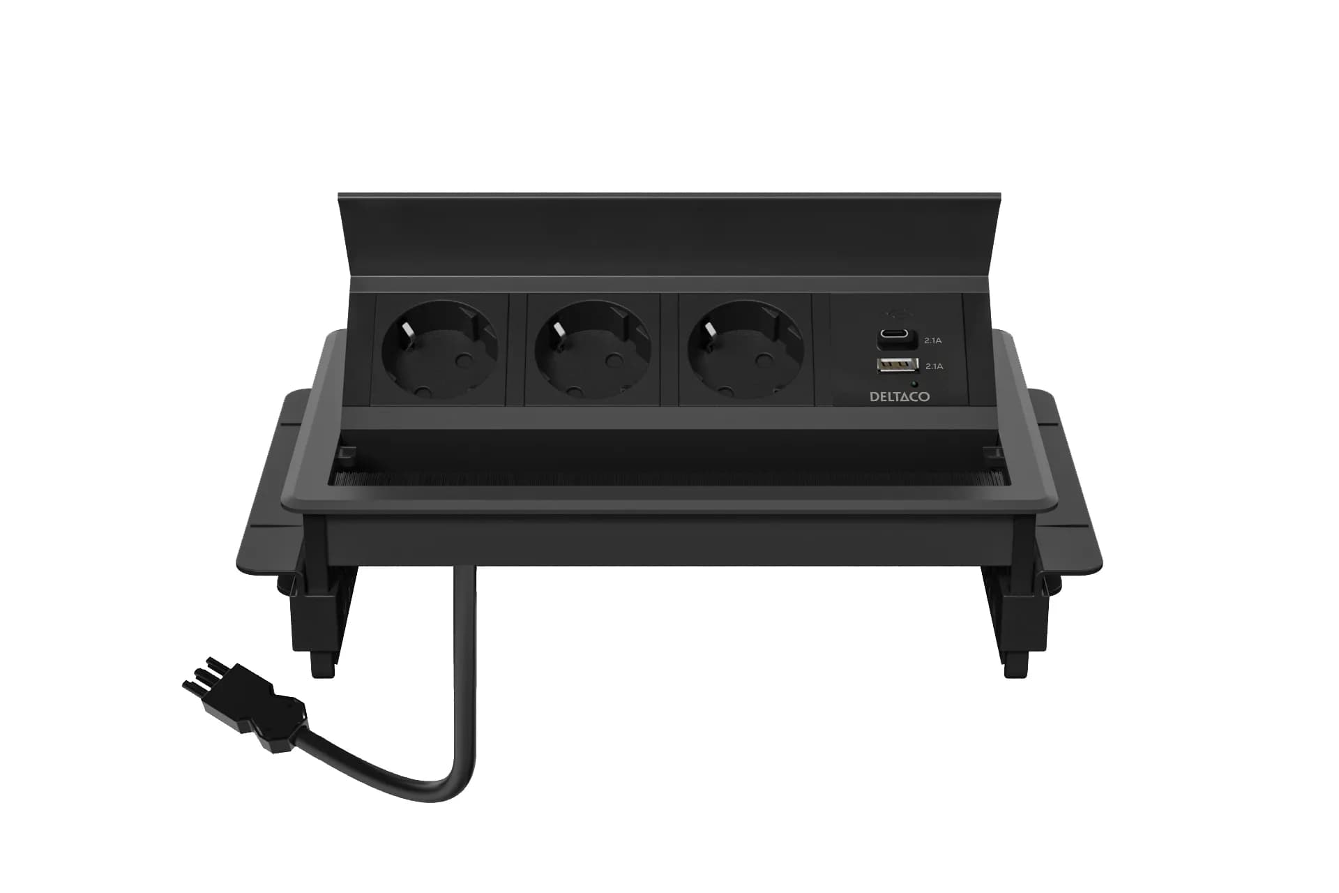 Deltaco pöytään asennettava nouseva virtapistorasia, 3 pistoketta, 1x21W A+C USB, GST18