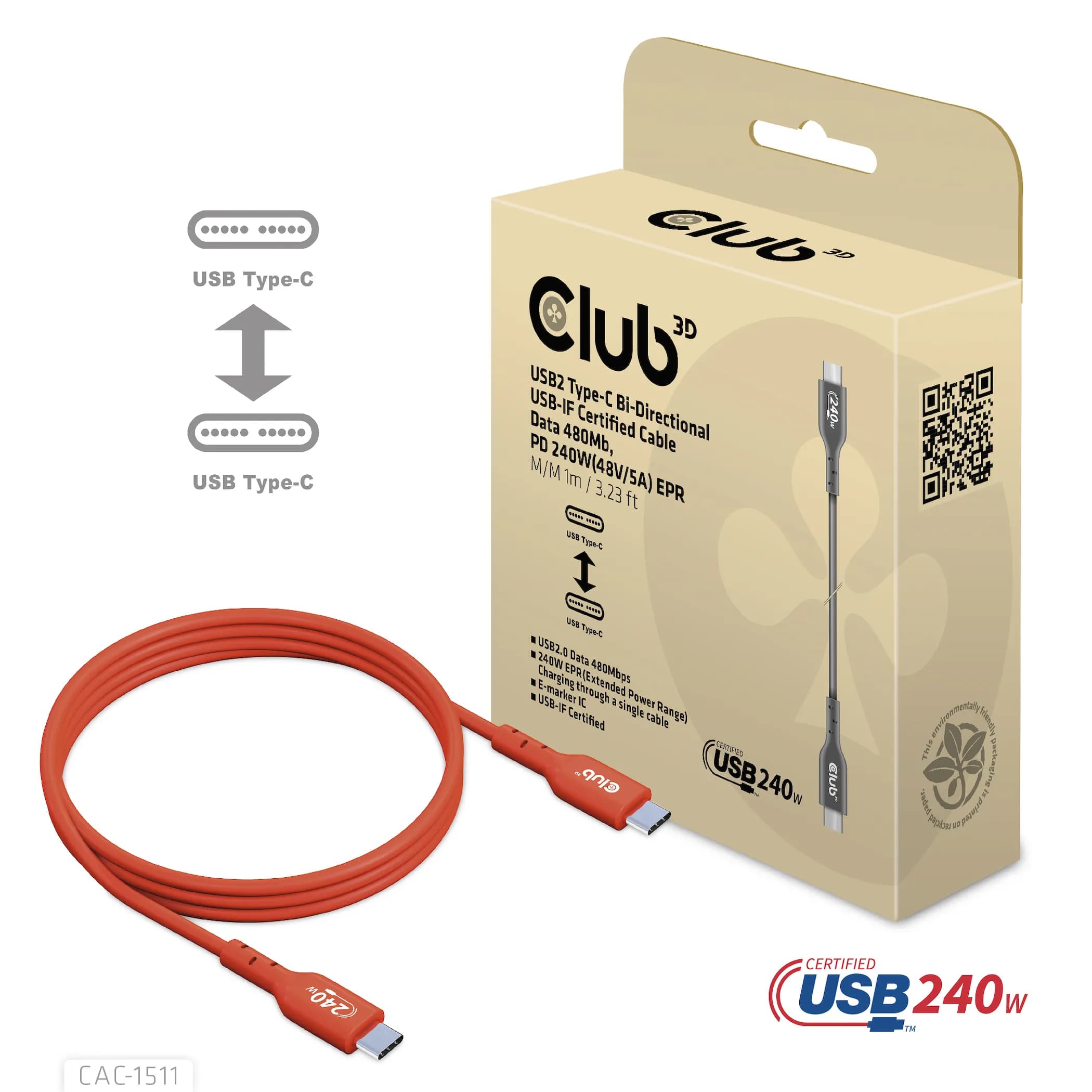 Club 3D USB 2.0 EPR USB-C -kaapeli, 240 W, 1 m, oranssi