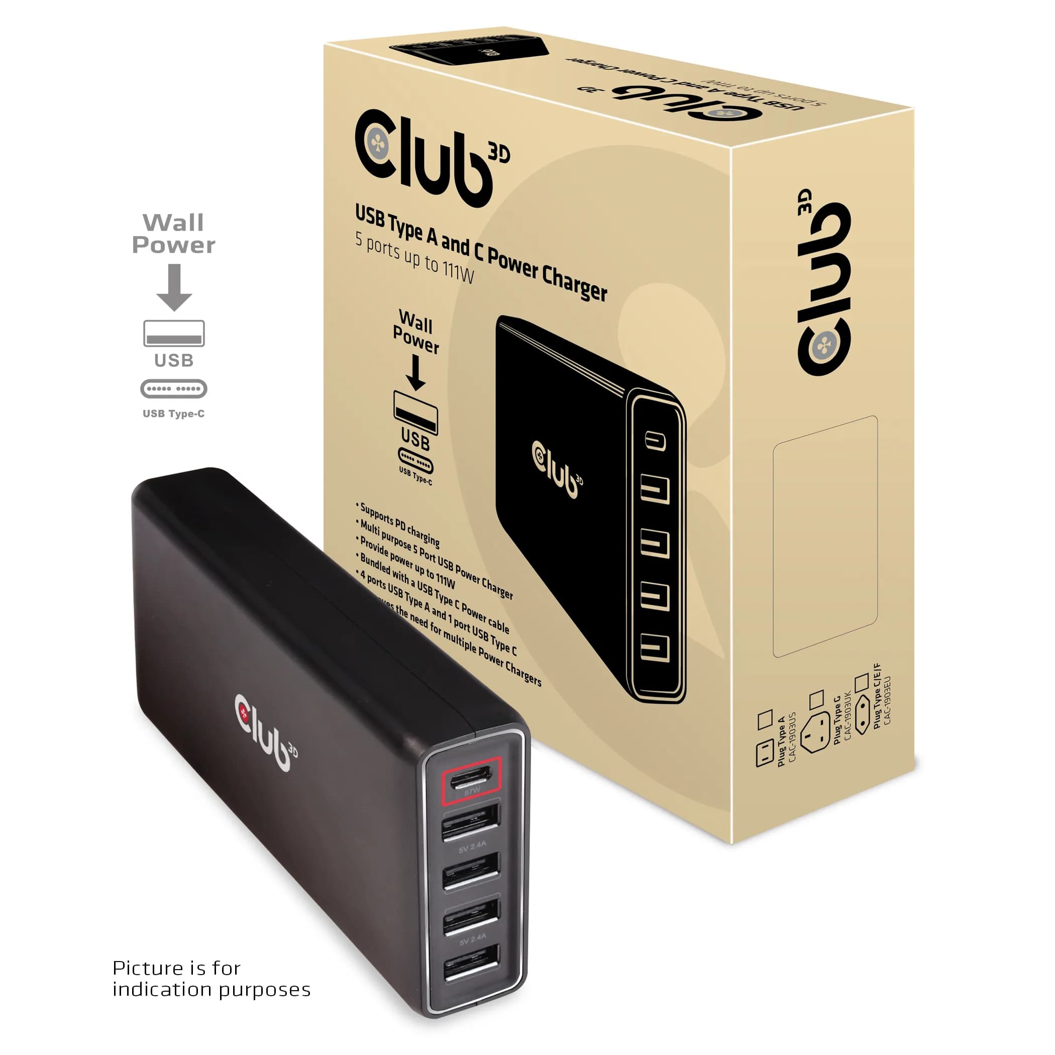 Club 3D 111W, USB-C + 4x USB-A -latiuri, Musta