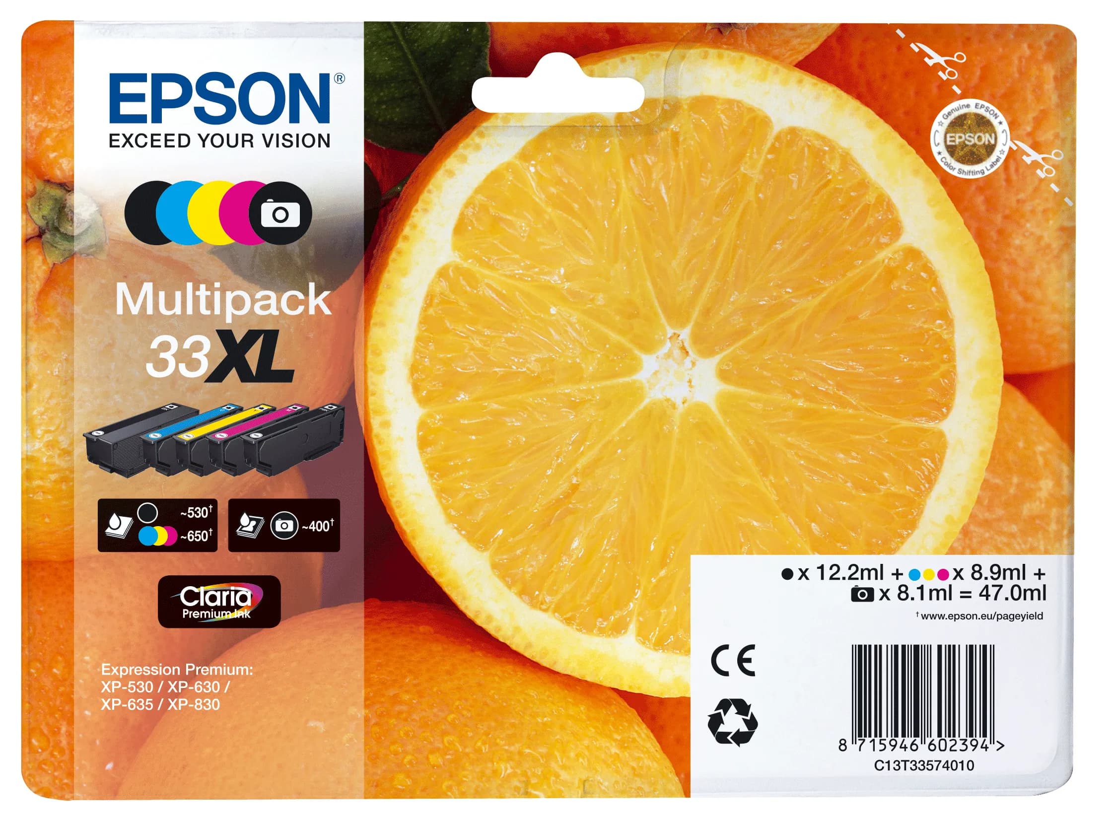 Epson Claria Premium 33XL -mustekasettipakkaus, musta/valokuvamusta/syaani/magenta/keltainen, 5 kpl