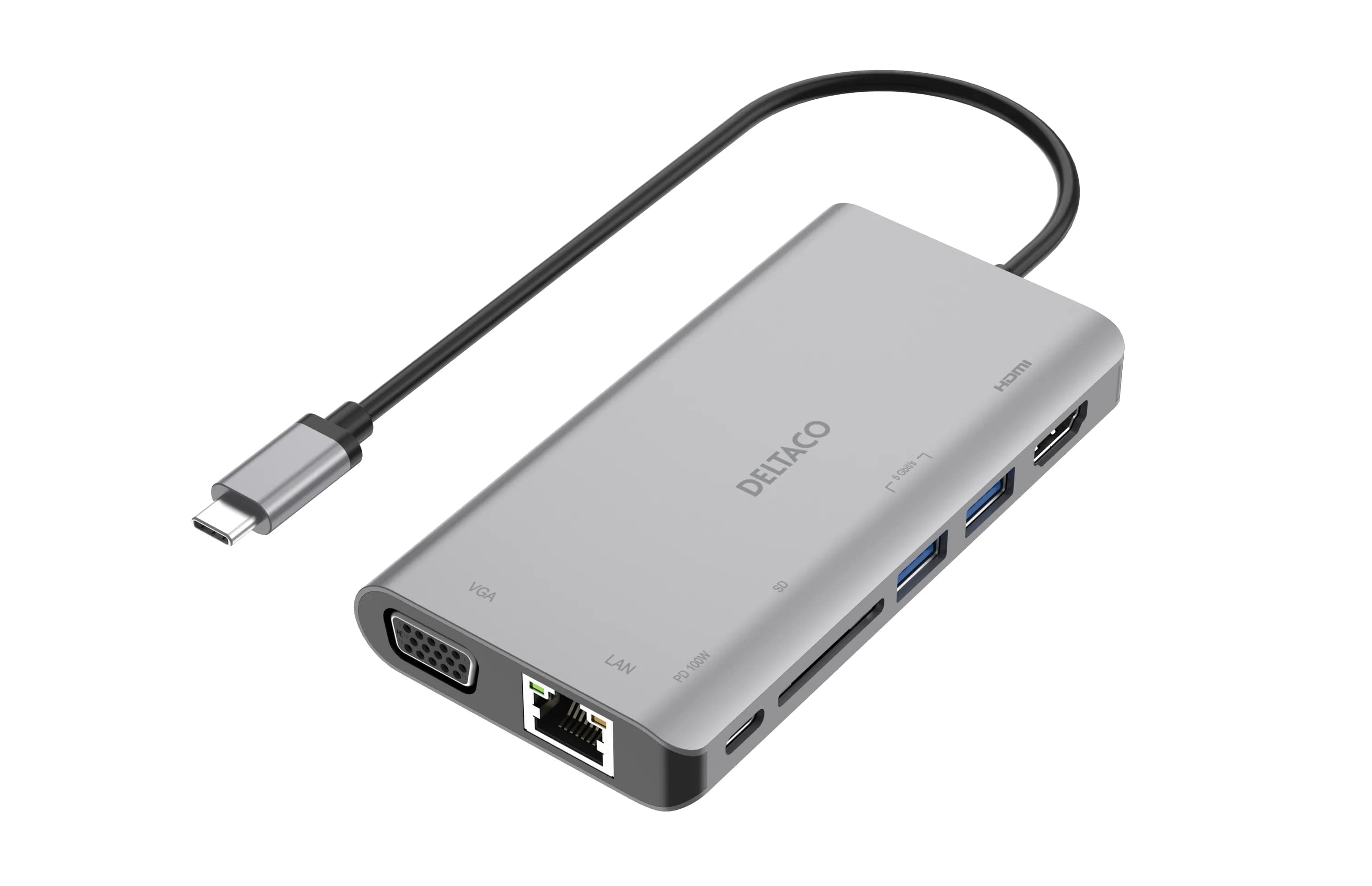 Deltaco HDMI/VGA/2xUSB-A, PD 3.0, USB-C-telakka