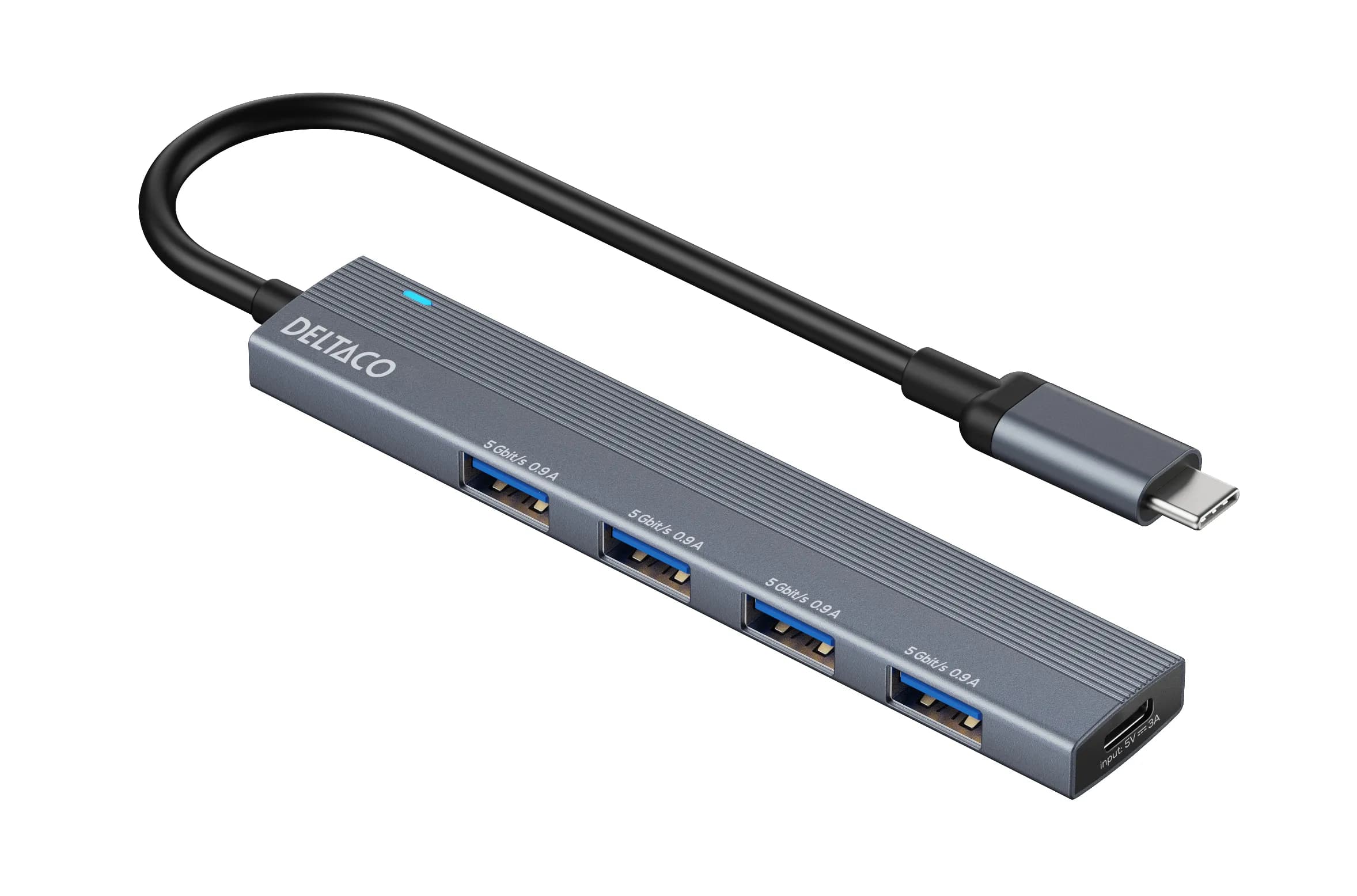 DELTACO USB-C hub, 5 Gbps, 4x USB-A female, aluminum, grey