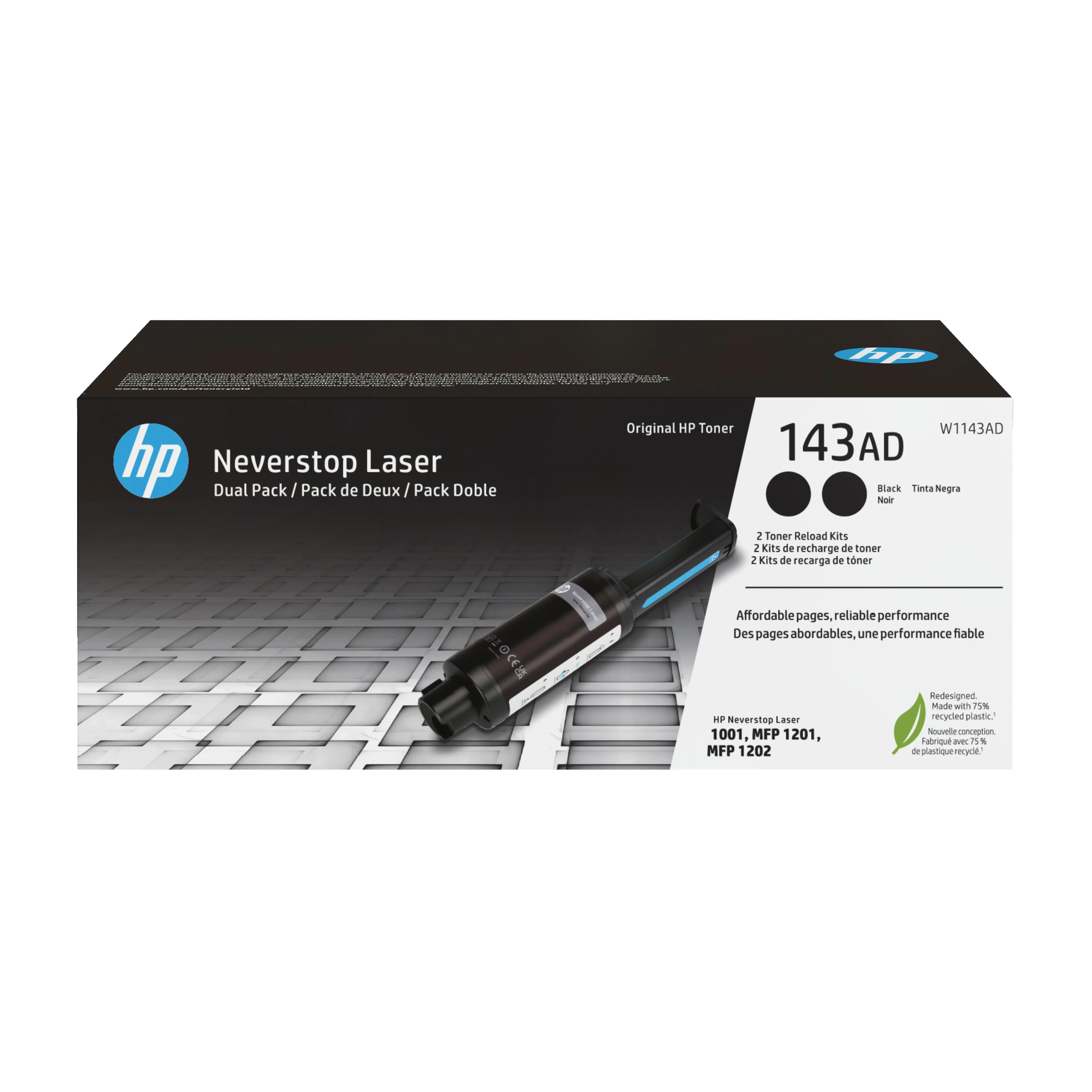 HP 143AD Neverstop-laservärikasettipakkaus, musta, 2 kpl