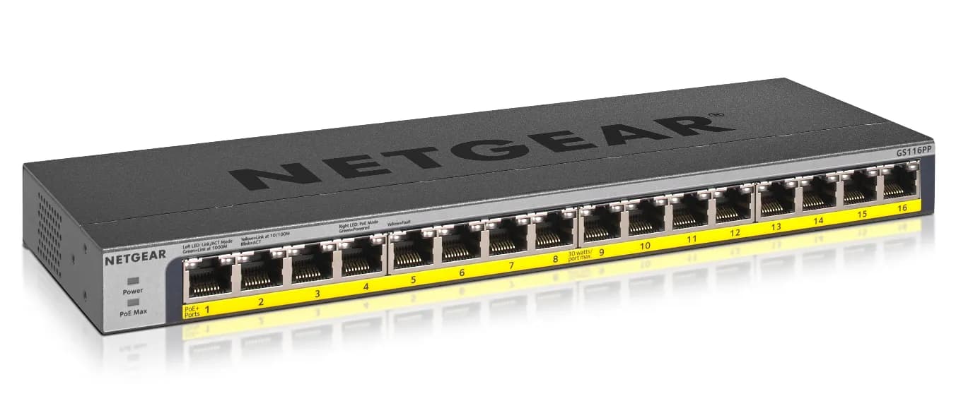 NETGEAR GS116PP - Kytkin - hallitsematon - 16 x 10/100/1000 (PoE+) - työpöytä, räkkiin asennettava, seinään asennettava - PoE+ (183 W) - tasavirta