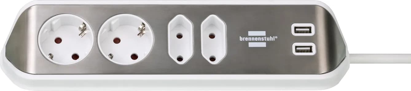 Brennenstuhl 2 xUSB, 4 AC-pistorasia(a)-osainen jatkojohto, 2 m, Hopea/Valkoinen