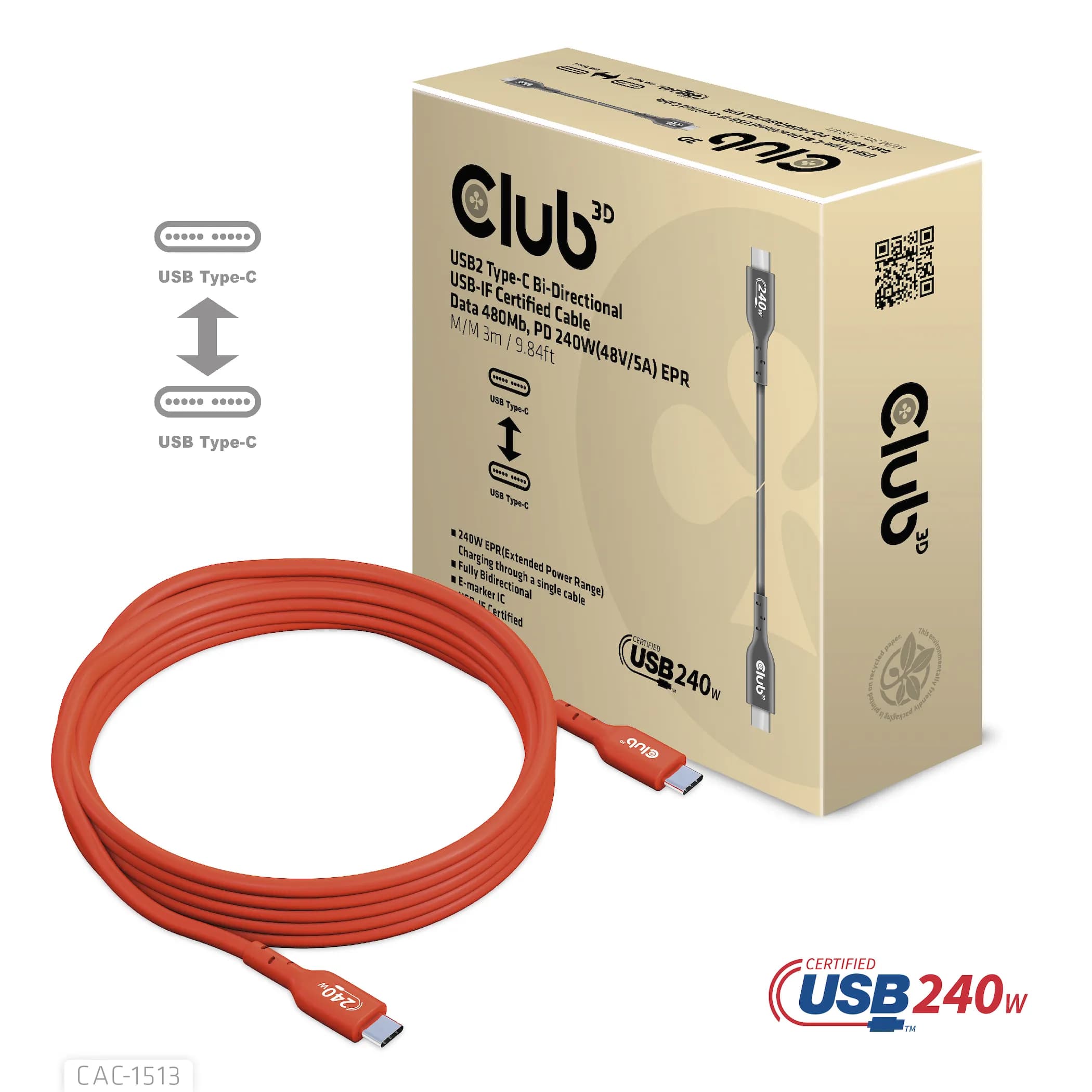 Club 3D CAC-1513 USB-C -kaapeli, 240 W, 3 m, oranssi