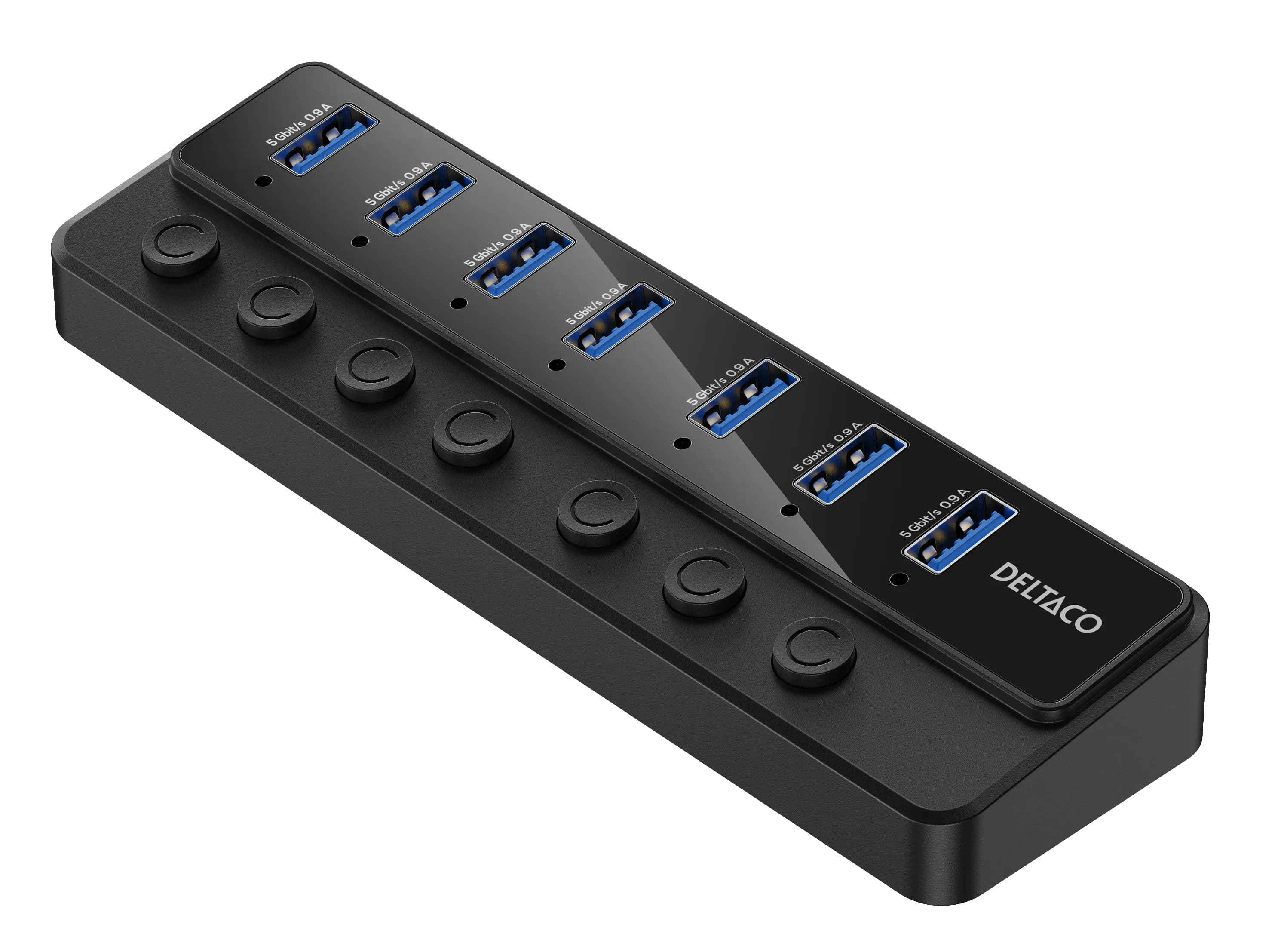 Deltaco USB-A hub, 7x USB-A power switches -hubi, virtalähde sisältyy, Musta