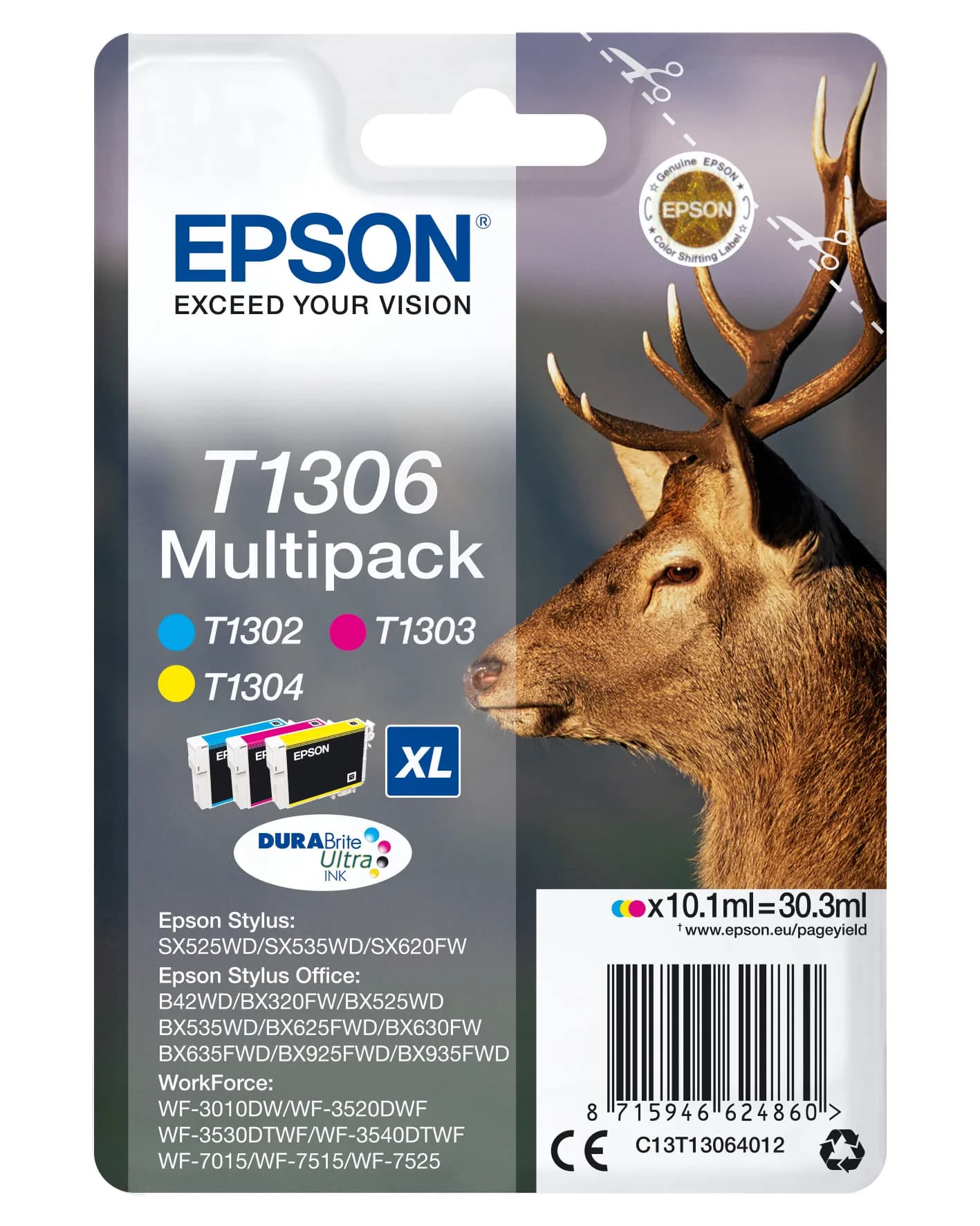 Epson T1306XL -mustekasettipakkaus, 10.1 ml, syaani/magenta/keltainen, 3 kpl