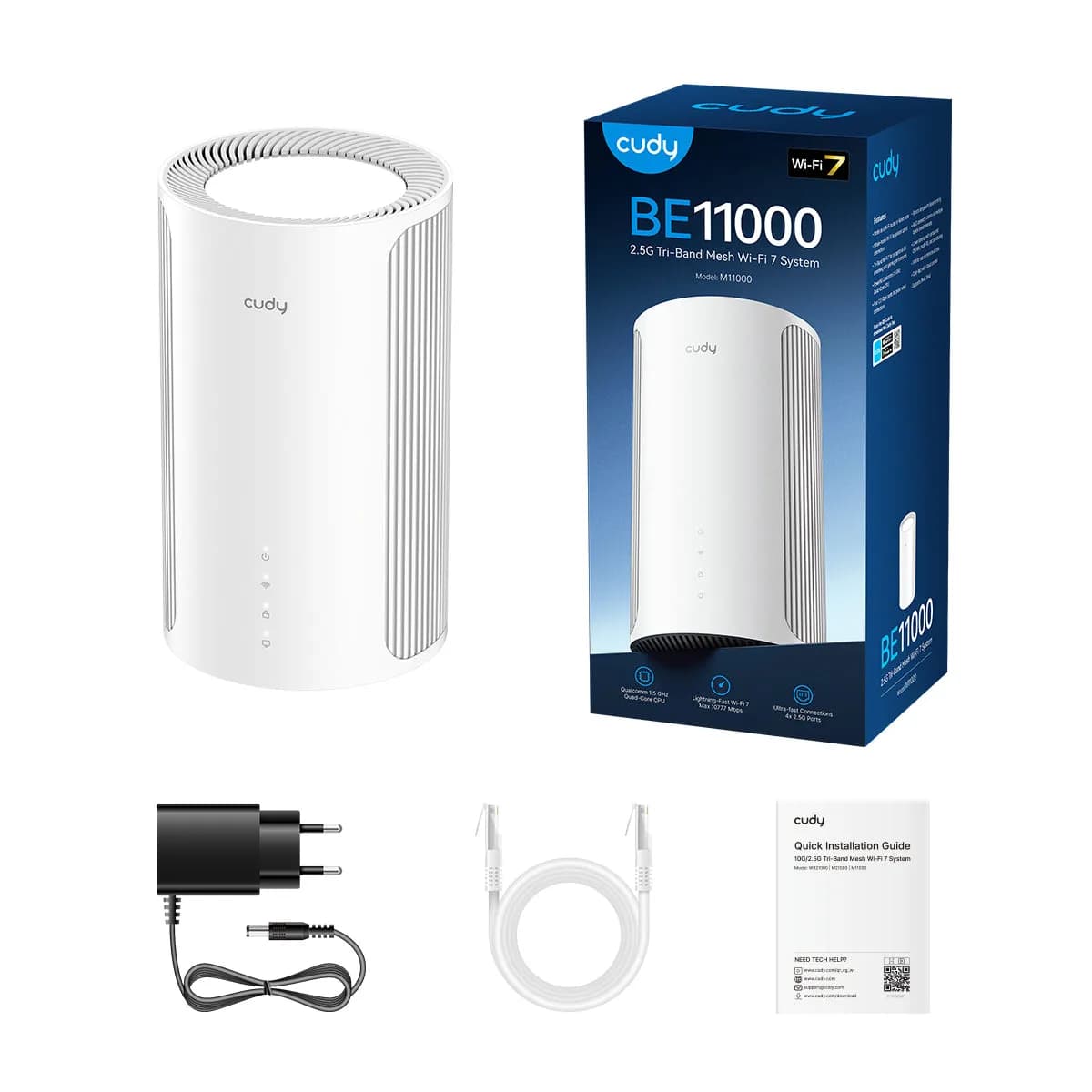 Cudy M11000 -mesh WiFi -järjestelmä, Wi-Fi 7, BE11000, Tri-band, 1 kpl, 2,5G WAN -portilla, valkoinen