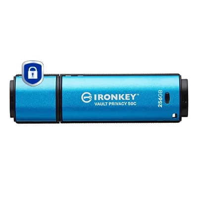 Kingston IronKey Vault Privacy 50C USB-C 3.2 Gen 1 256 Gt -muistitikku, musta/sininen