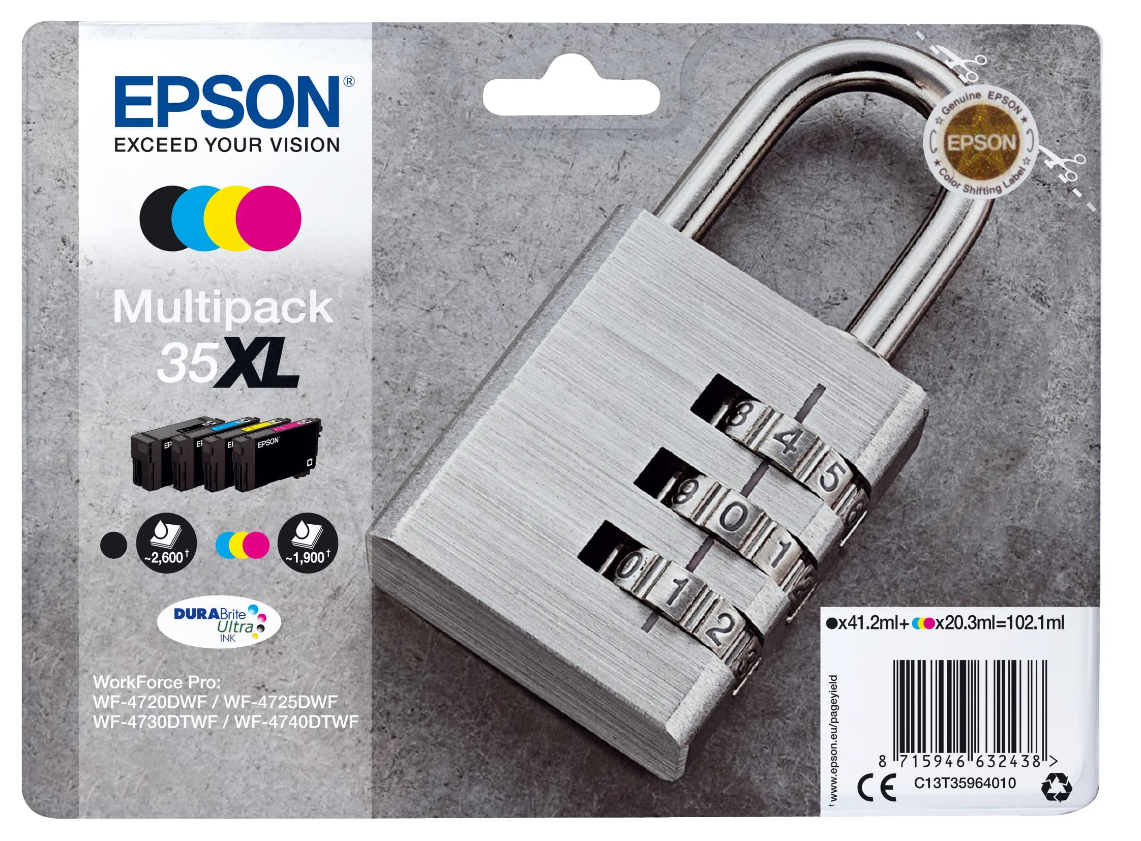 Epson 35XL DURABrite Ultra -mustekasettipakkaus, musta/syaani/magenta/keltainen, 4 kpl