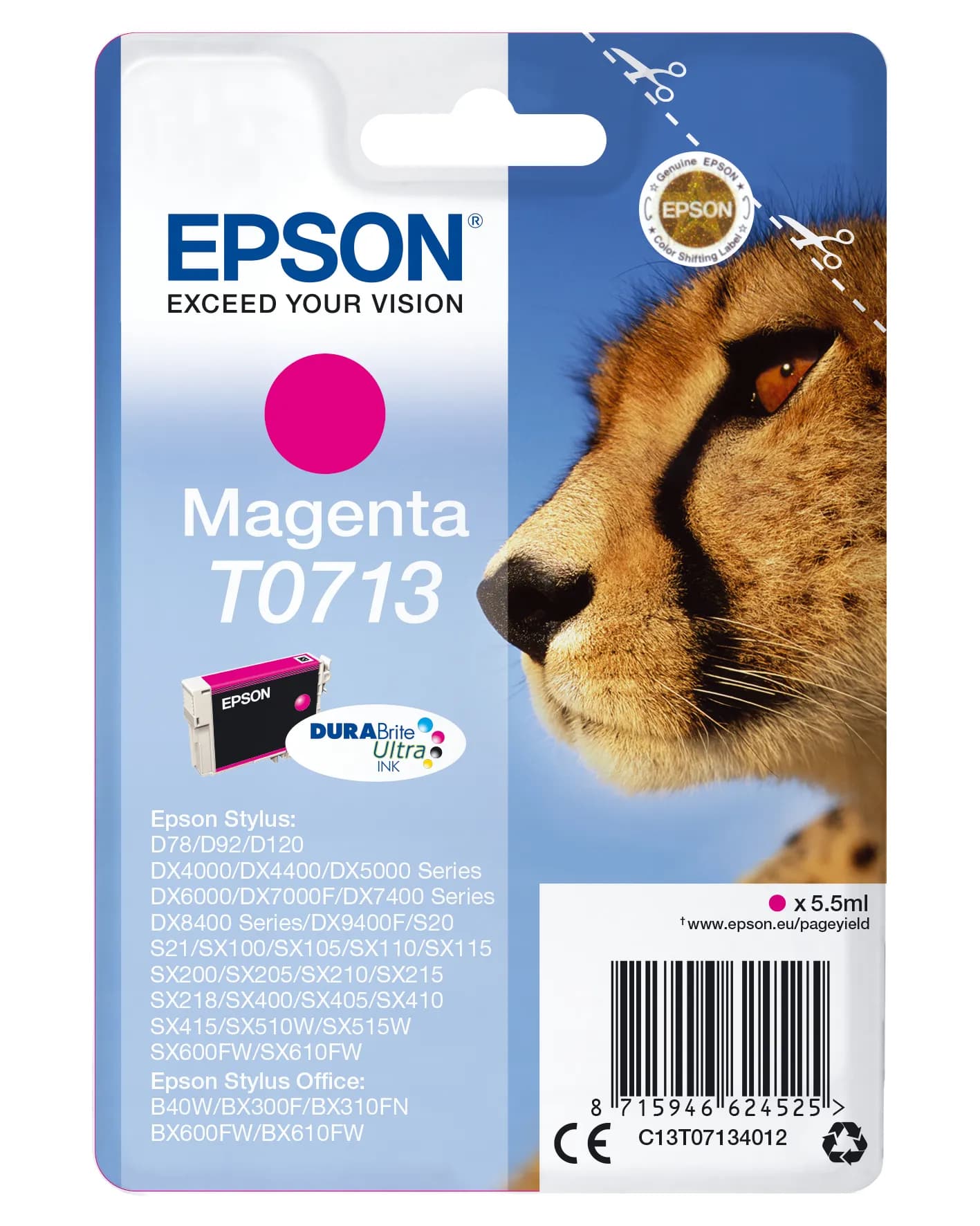 Epson T0713 -mustekasetti, 5.5 ml, magenta