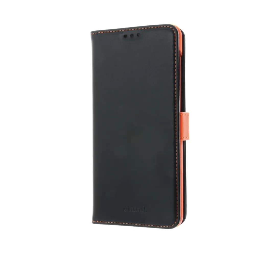 Insmat Flip Case, Galaxy A12 -lompakkokotelo, Musta/Oranssi