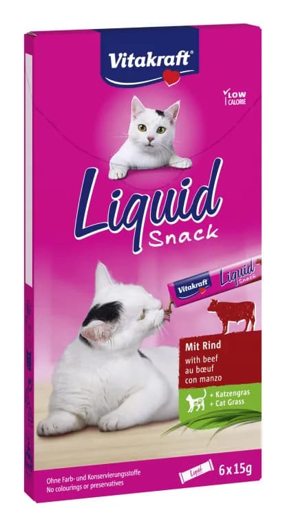 Vitakraft Liquid Snack with Beef & Cat Grass, Kissan märkäruoka, Kittens (3+ months), Adult, Senior, Ruoansulatuksen tueksi, 6 x 15 g