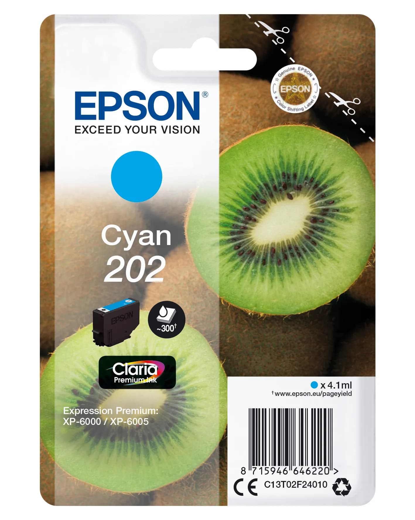 Epson 202 Kiwi -mustekasetti, 4.1 ml, cyan
