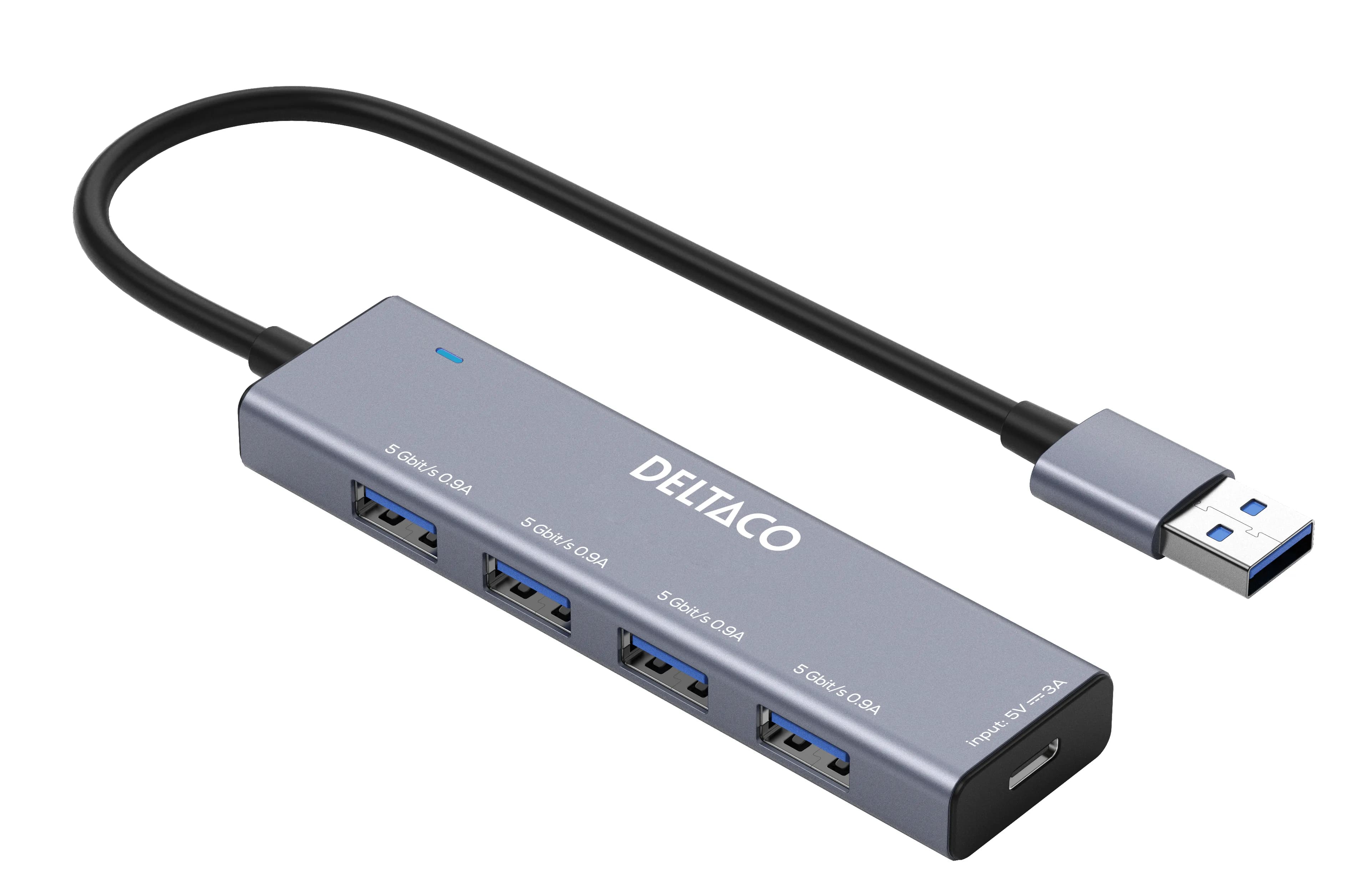 DELTACO USB-A hub, 4x USB-A female, 5 Gbps, aluminum, grey