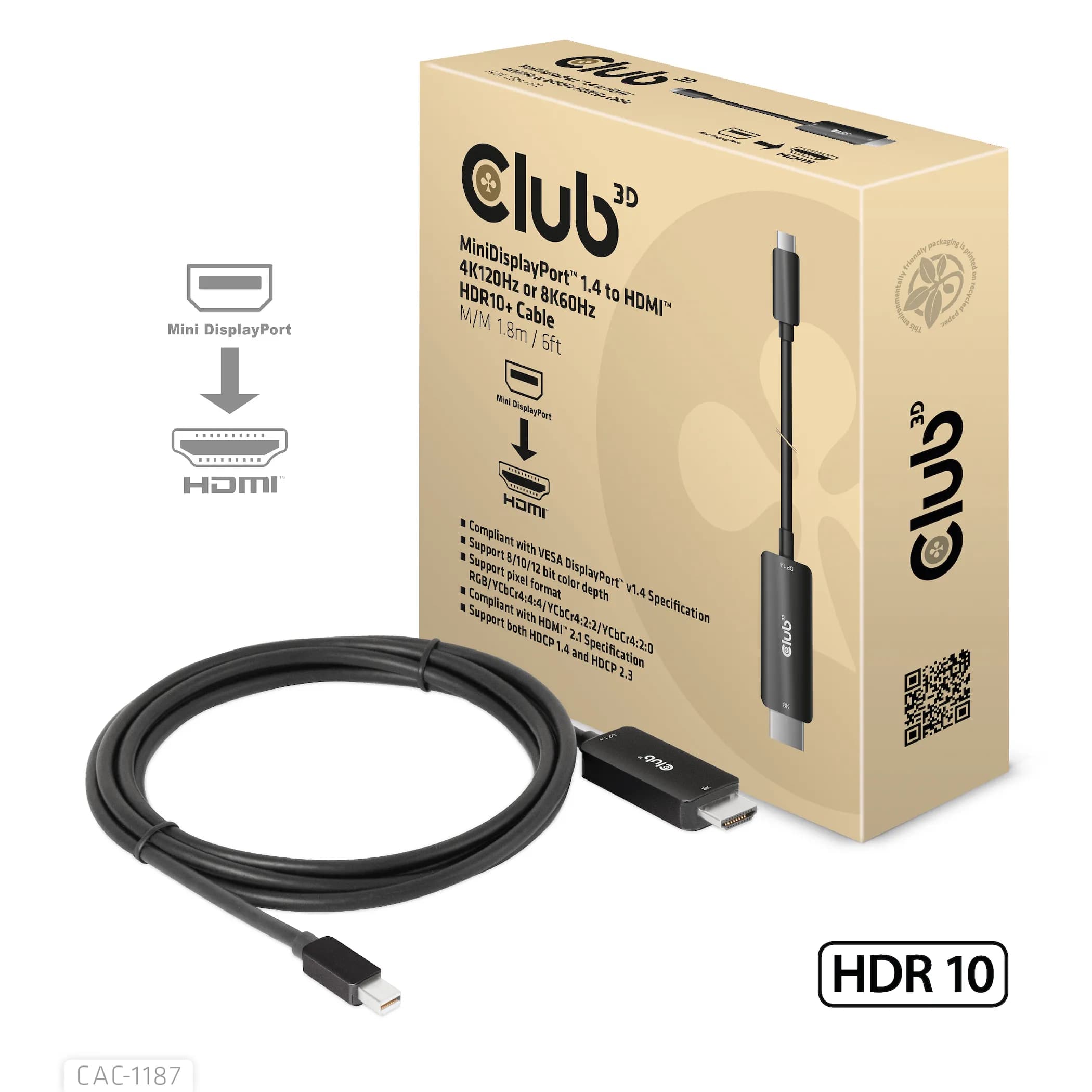 Club 3D CAC-1187 Mini DisplayPort 1.4 to HDMI 2.1 -adapterikaapeli, jossa 8K, 1,8 m, musta