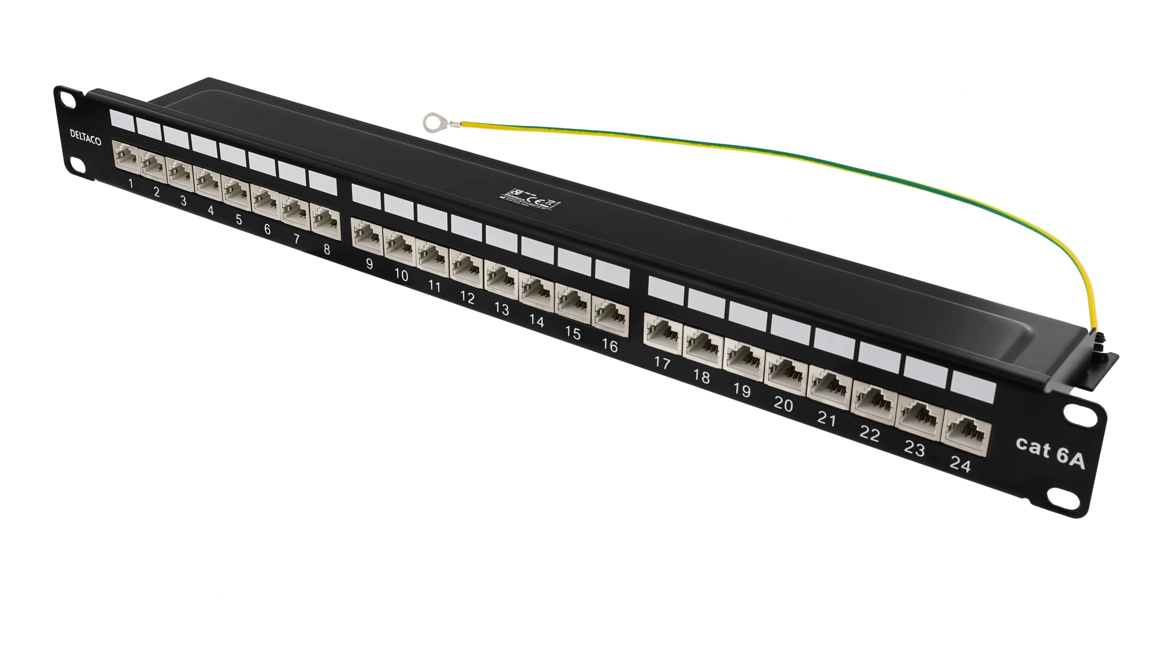 DELTACO STP-kytkentäpaneeli, 24xRJ45, Cat6a, 1U, 19"", metallia, musta