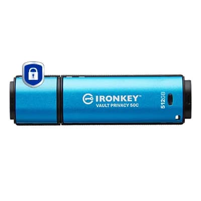 Kingston IronKey Vault Privacy 50C USB-C 3.2 Gen 1 512 Gt -muistitikku, musta/sininen